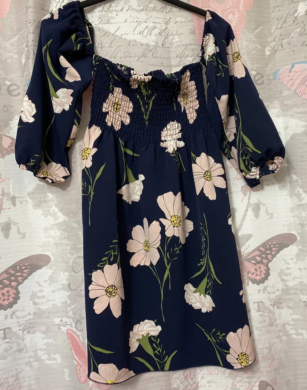 Favlux Fashion Women Blue Floral Print Off Shoulder Puffed Sleeve Casual Dress M