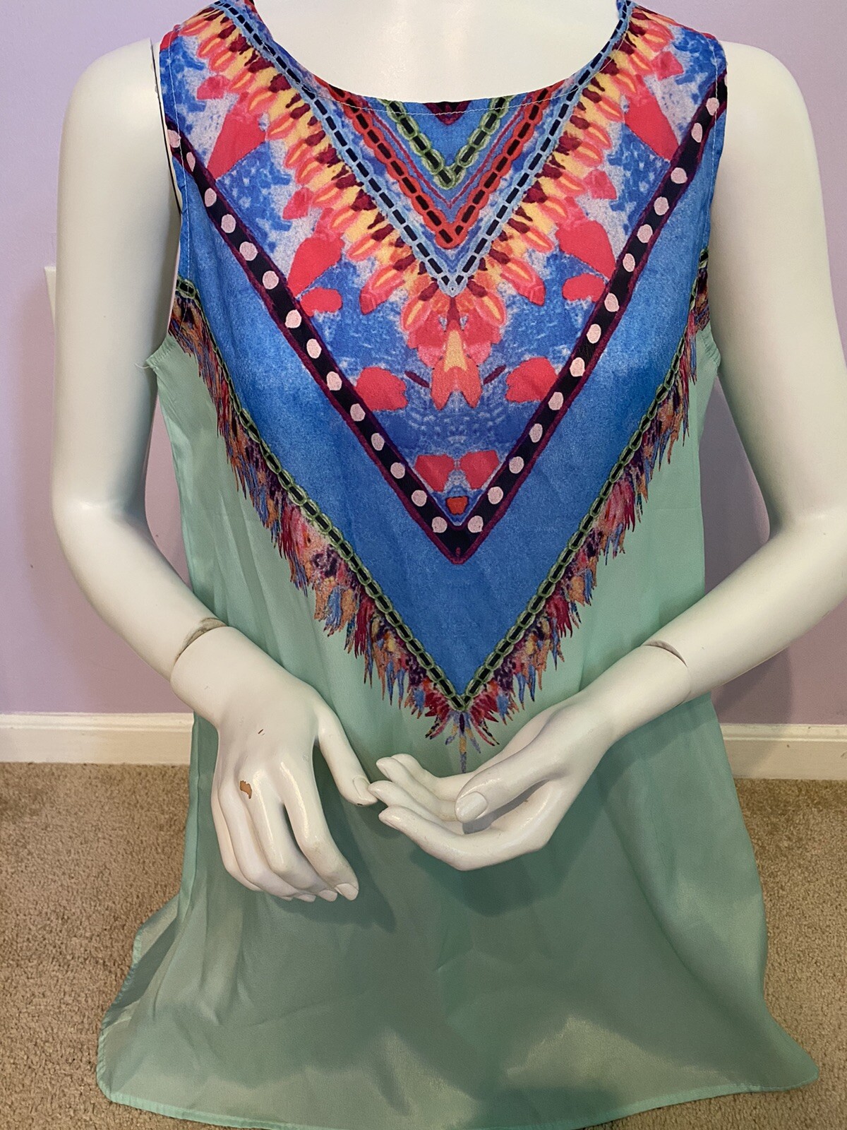 NWOT WOMEN’S ADORABLE TEAL WITH GREAT COLORS SHEER DRESS, MEDIUM SIZE