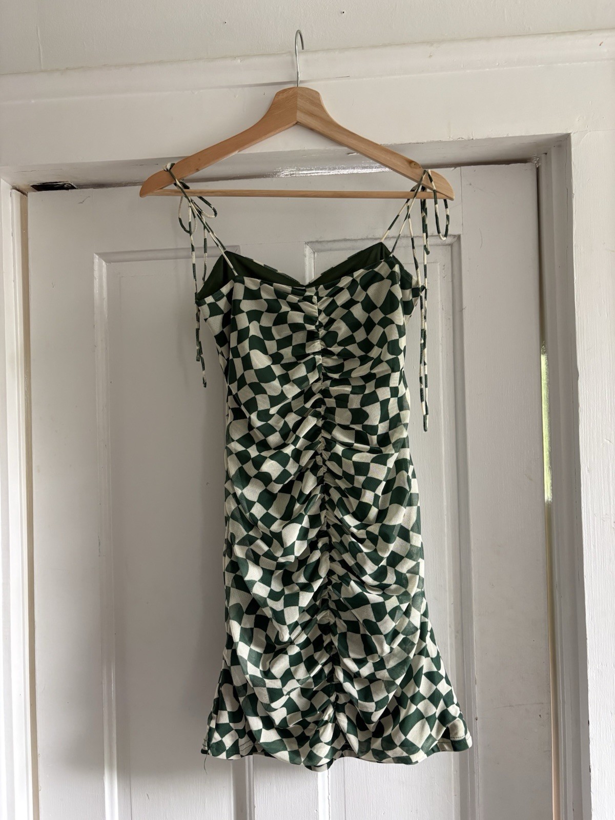 Y2K Bailey Rose Green White Geometric Ruched Bodycon Mini Dress Sweetheart S/M