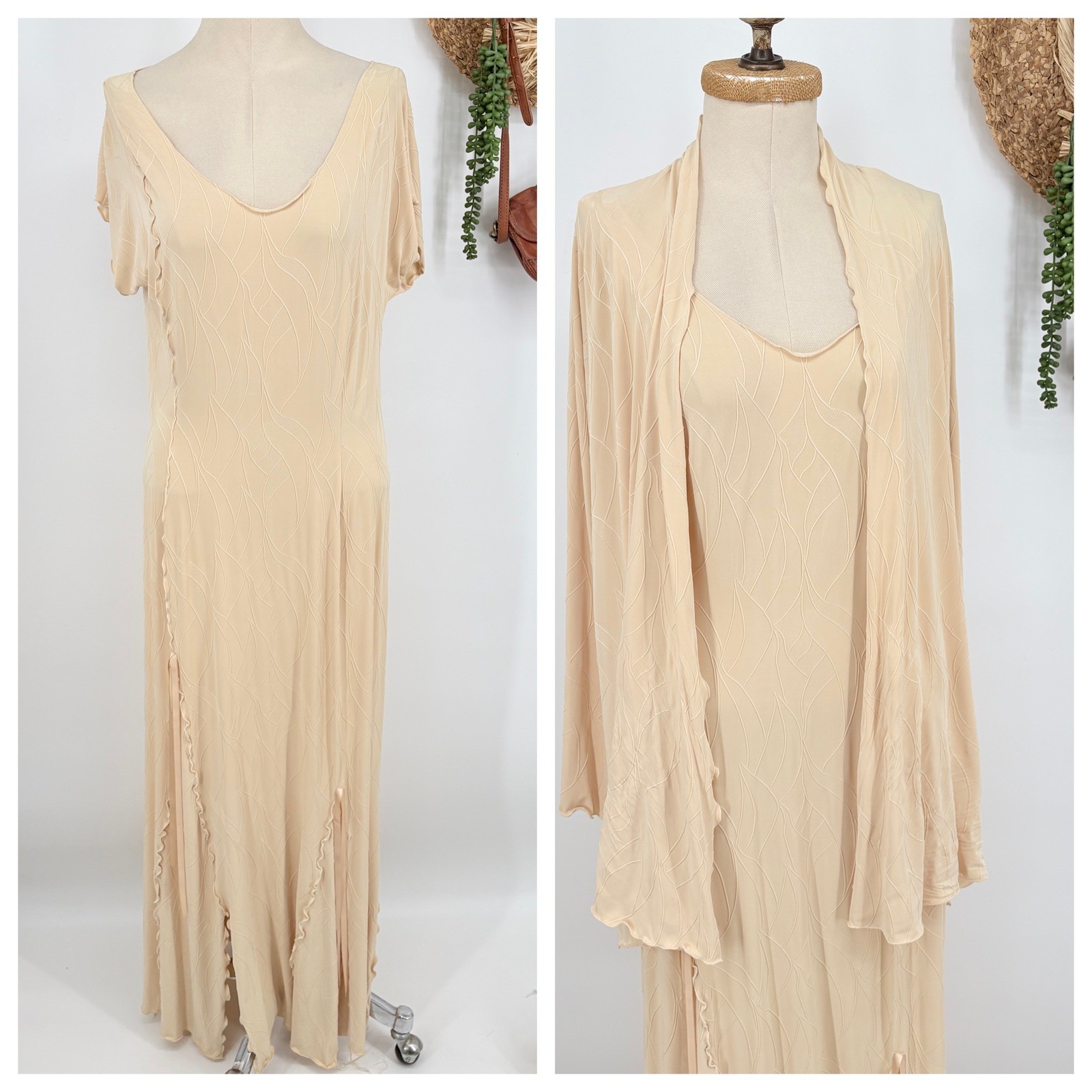 Vintage Linda Lundstrom 2-Piece Stretch Maxi Dress/Jacket Set Textured Beige 16