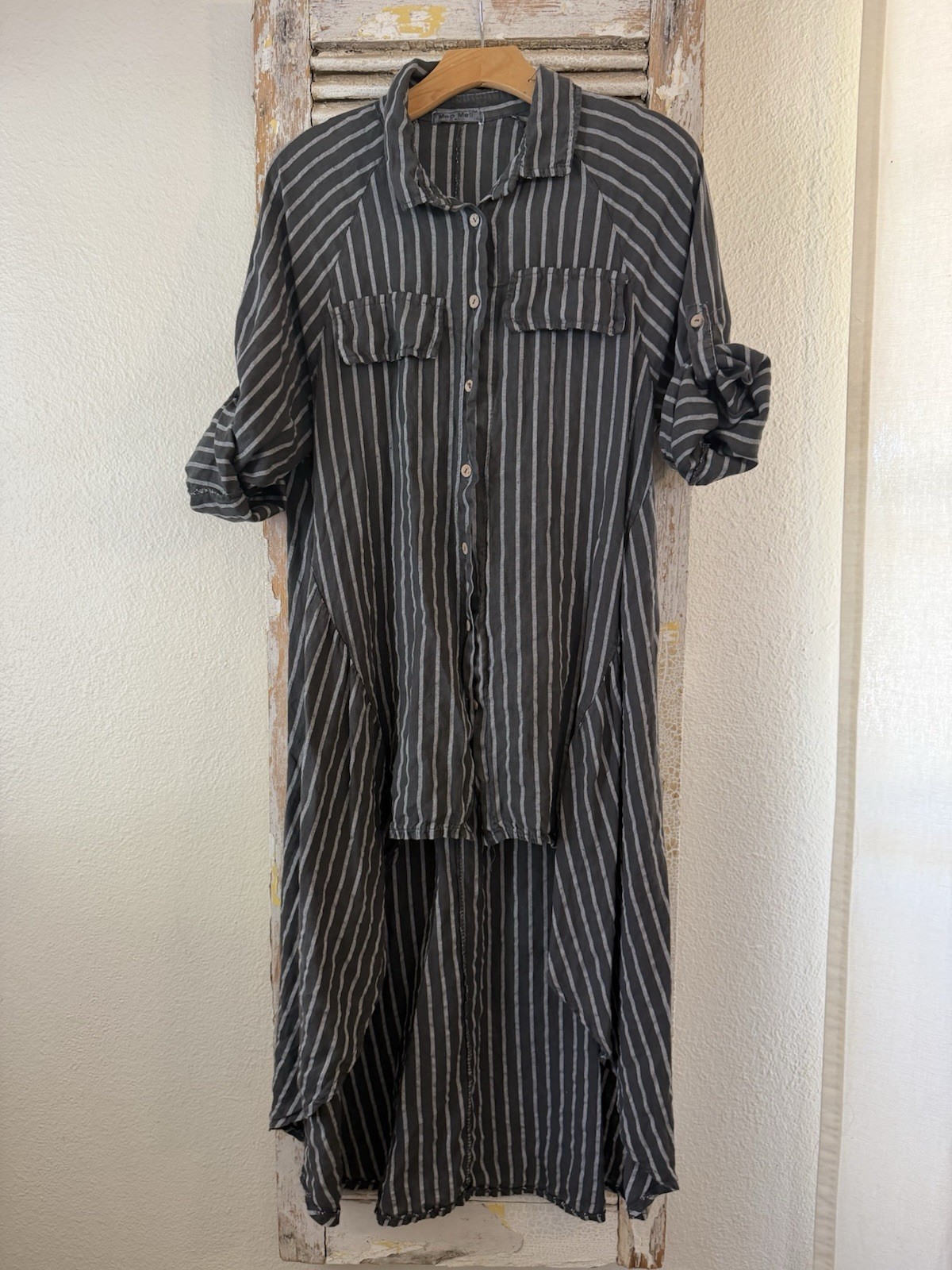 A4 Meo Meli Italy Linen Gray Striped Tunic Shirt Dress Roll Tab Sleeve O/S