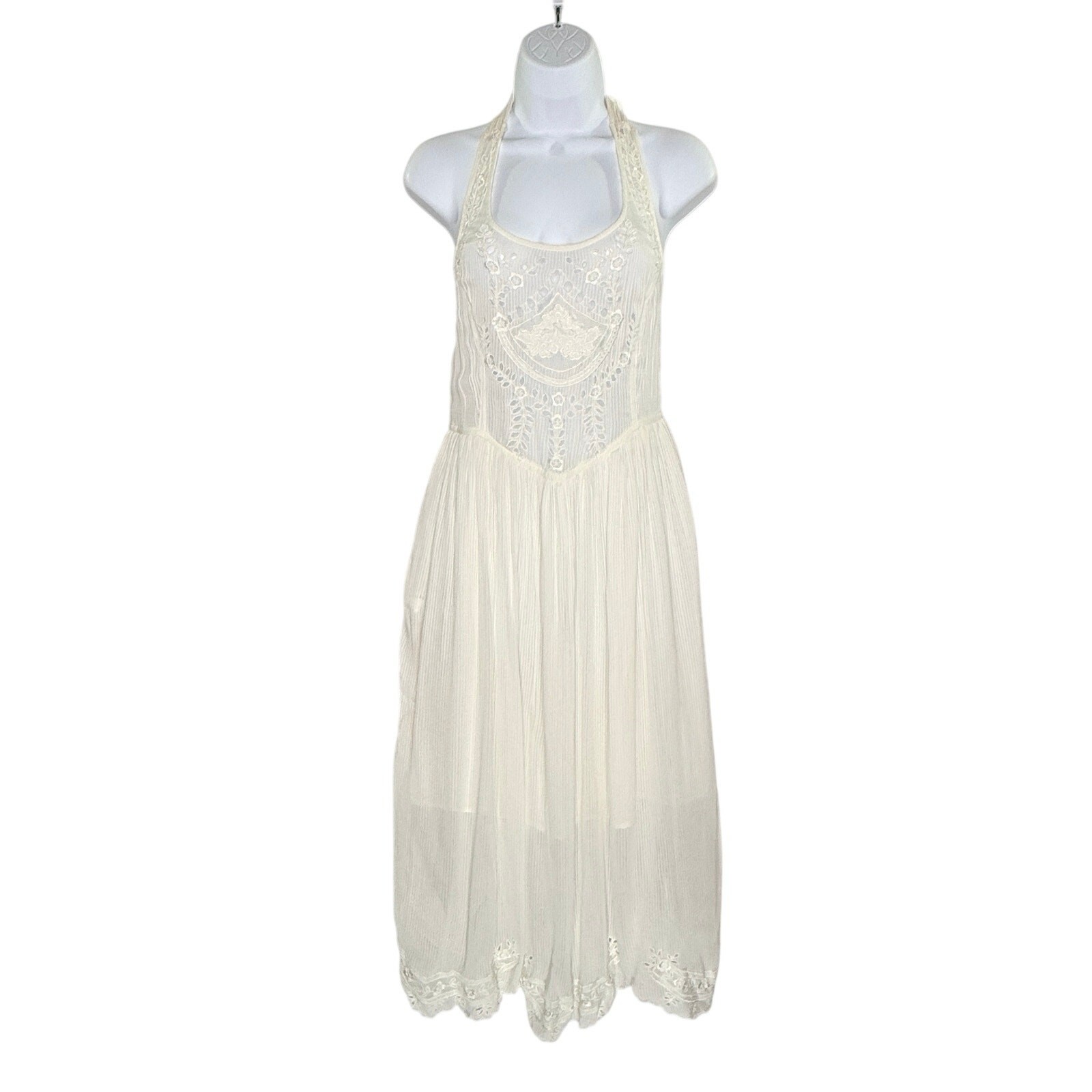 Free People New Romantics Embroidered Lace Midi Dress S Ivory Vintage Boho *flaw