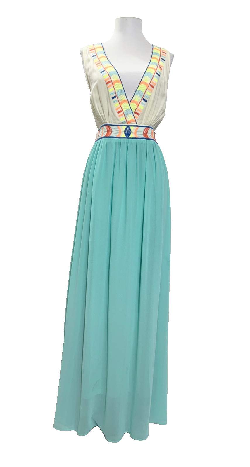 Flying Tomato Size L Mint Green Cream Maxi Embroidered Boho Tribal Dress Resort