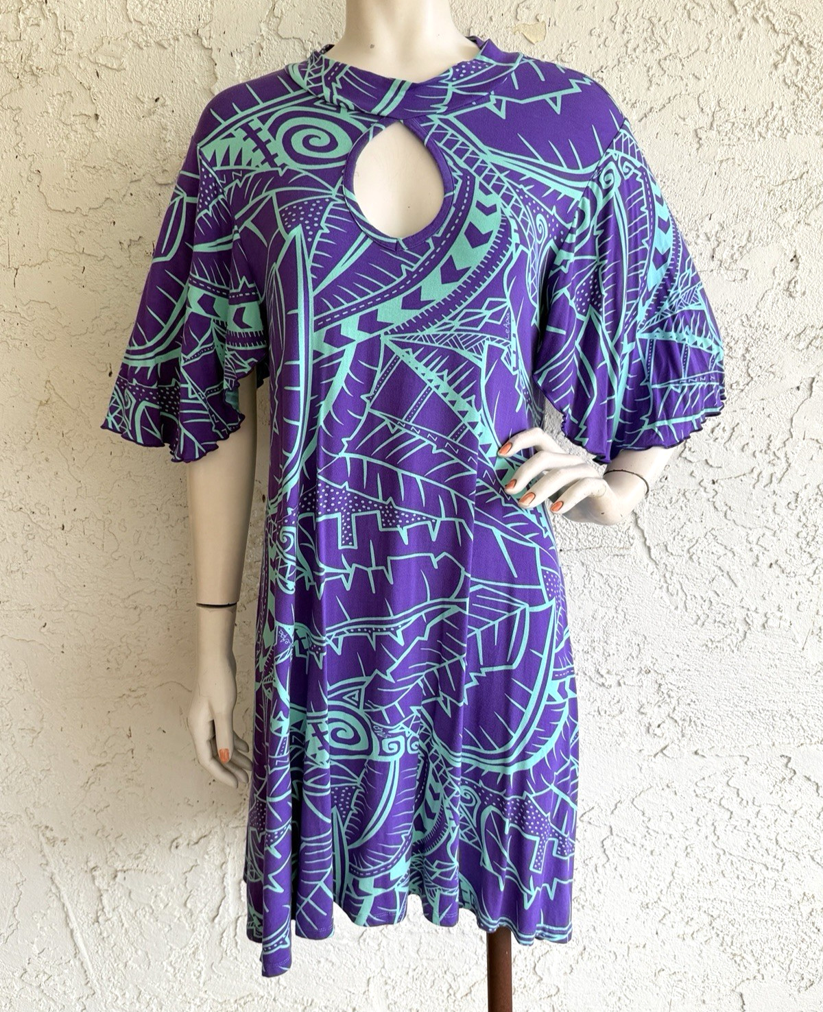 MISSING POLYNESIA Dress Purple Hawaiian Aloha Art Print Jersey Tunic Size 2 L XL