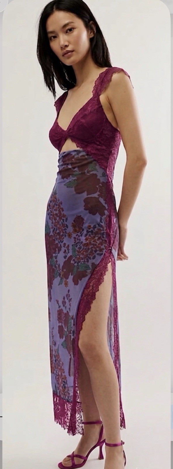 Free People Suddenly Fine Maxi Slip Dress Sz M Dahlia Red Floral Lace Sheer Chic