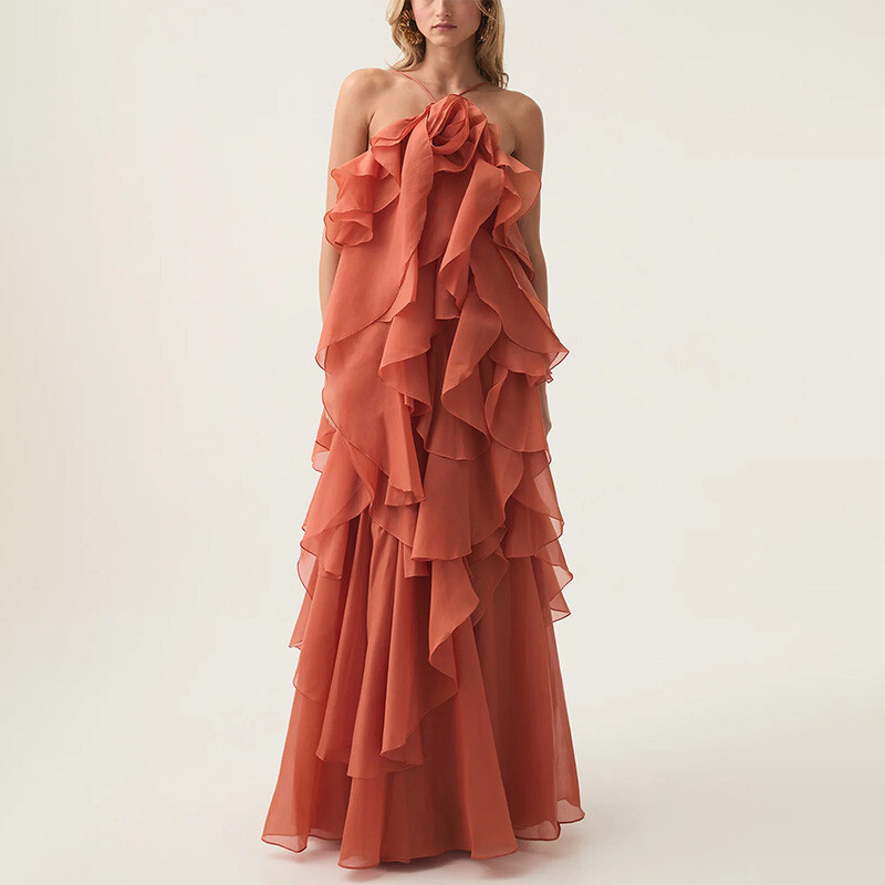 Fahsion Style Hanging Neck Dress Women’s Summer New Ruffled Backless Long Skirt