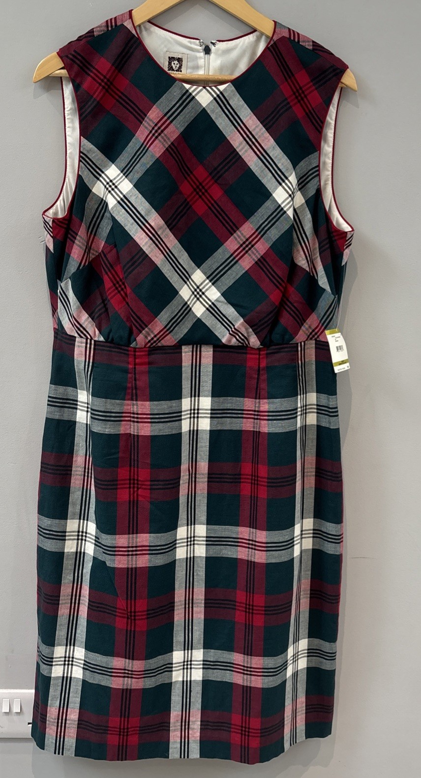 NWT Anne klein Mallard Green/White/Red Plaid dress size 14