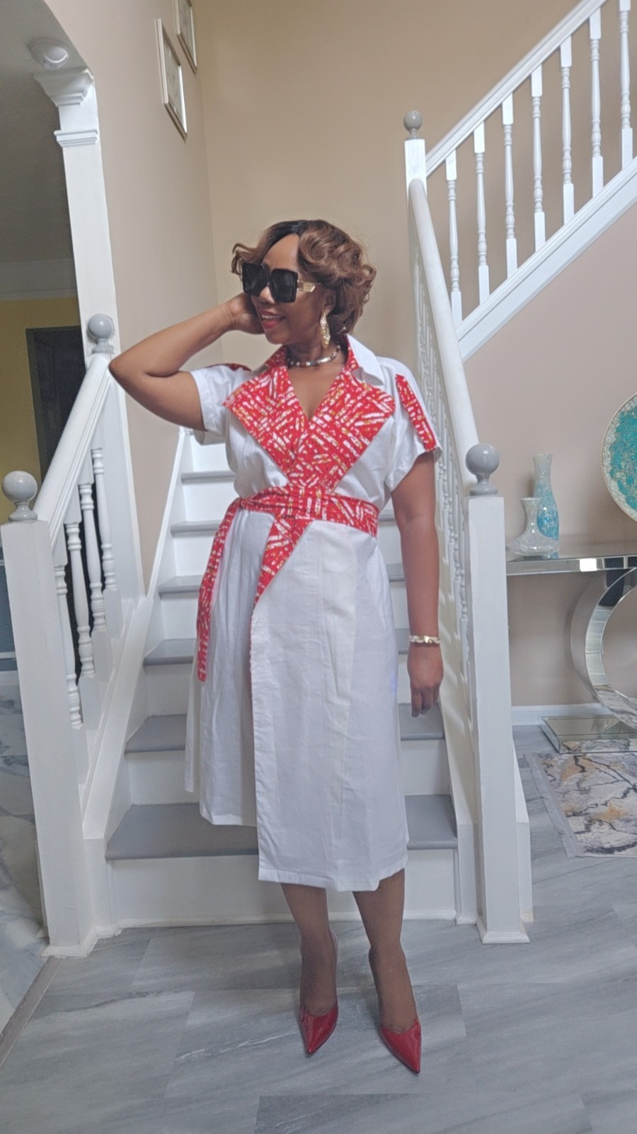African woman Linen Wrap Dress With Belt. Size 8,10,12