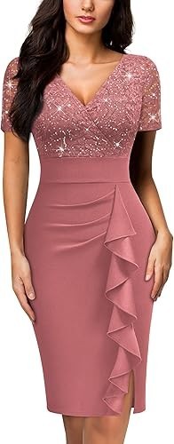 Miusol Women’s Rose Deep V-Neck Glitter Sequin Lace Elegant Ruffle Party Dress-M