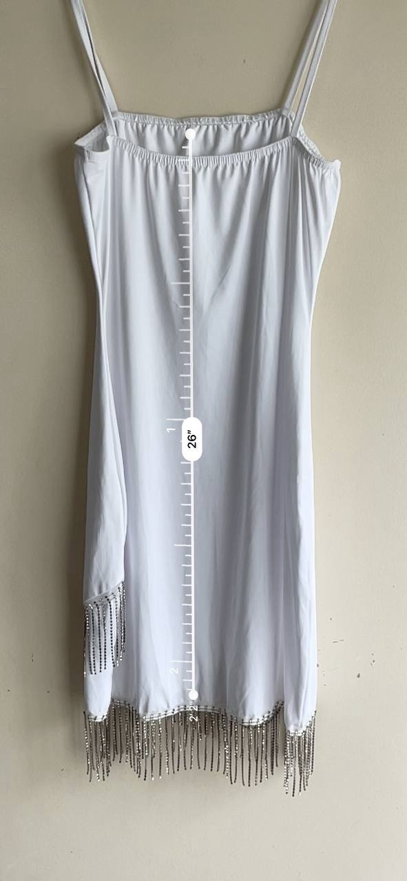 White Rhinestone Fringe Mini Dress Asymmetric Bodycon Bridal Bachelorette Sz M