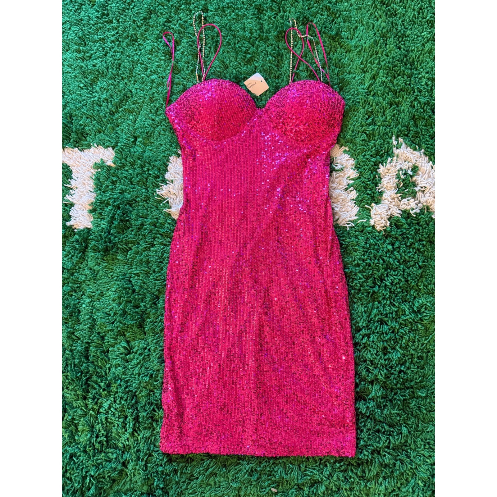 Windsor Hot Pink Sequin Mini Dress Rhinestone Straps Sweetheart Bodycon (B)