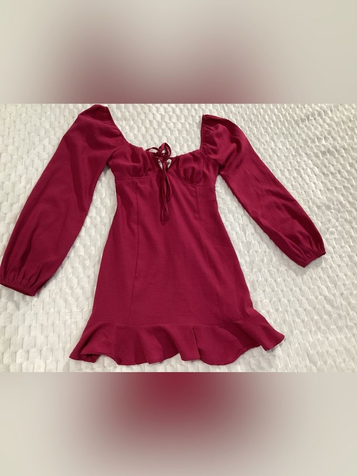 Source Unknown Fuchsia Long Sleeve Tie-Front Ruffle-Hem Mini Dress