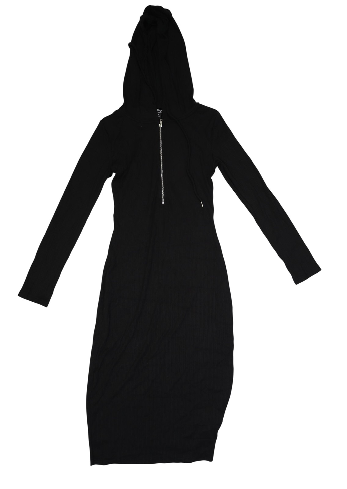 Dazy Hoodie Dress Womens Medium Black Ribbed Long Sleeve Zip Front Midi Bodycon