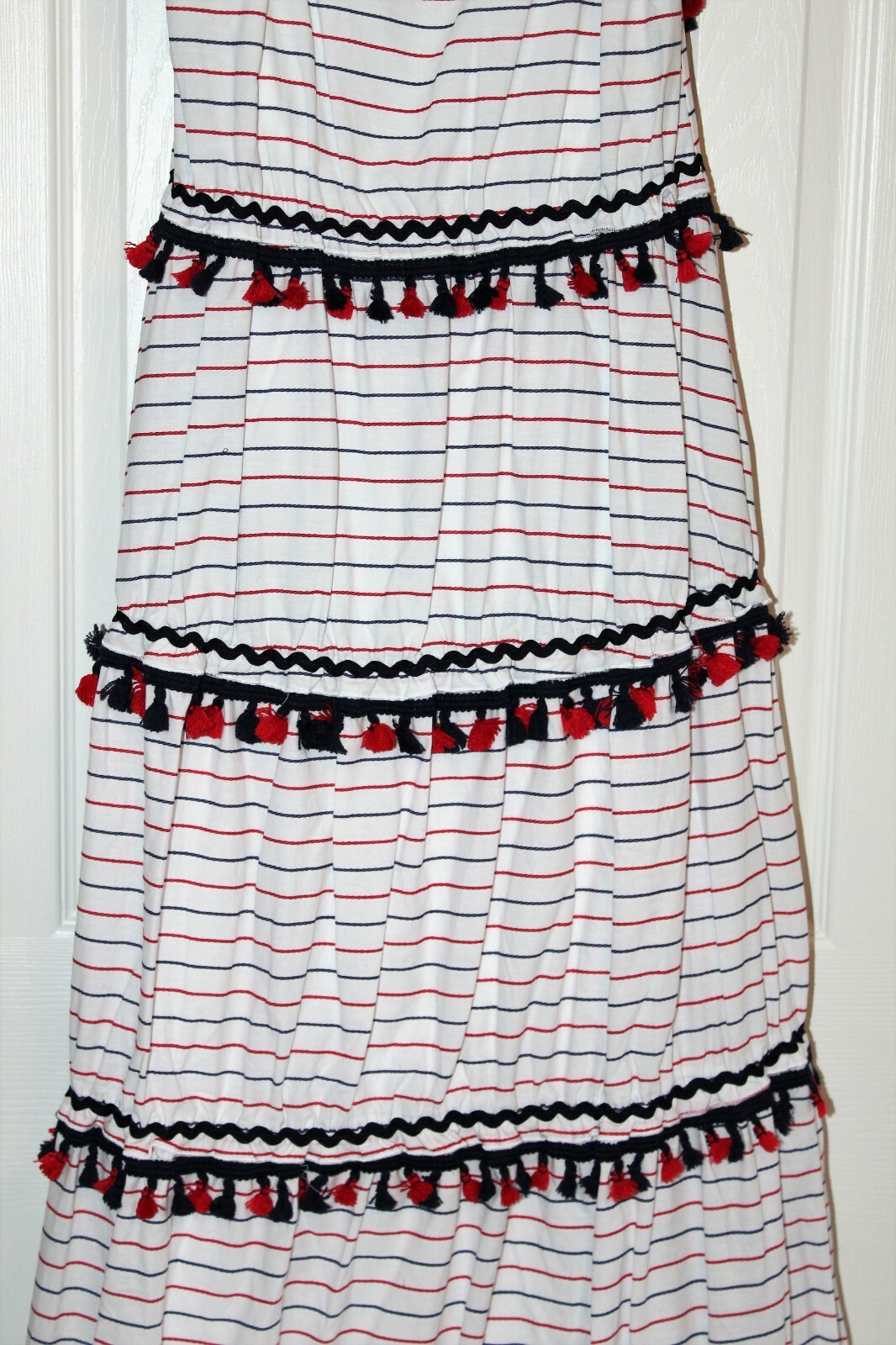 New L’ATISTE Boho Tiered White Blue Red Cotton Maxi Dress Size Medium or Large