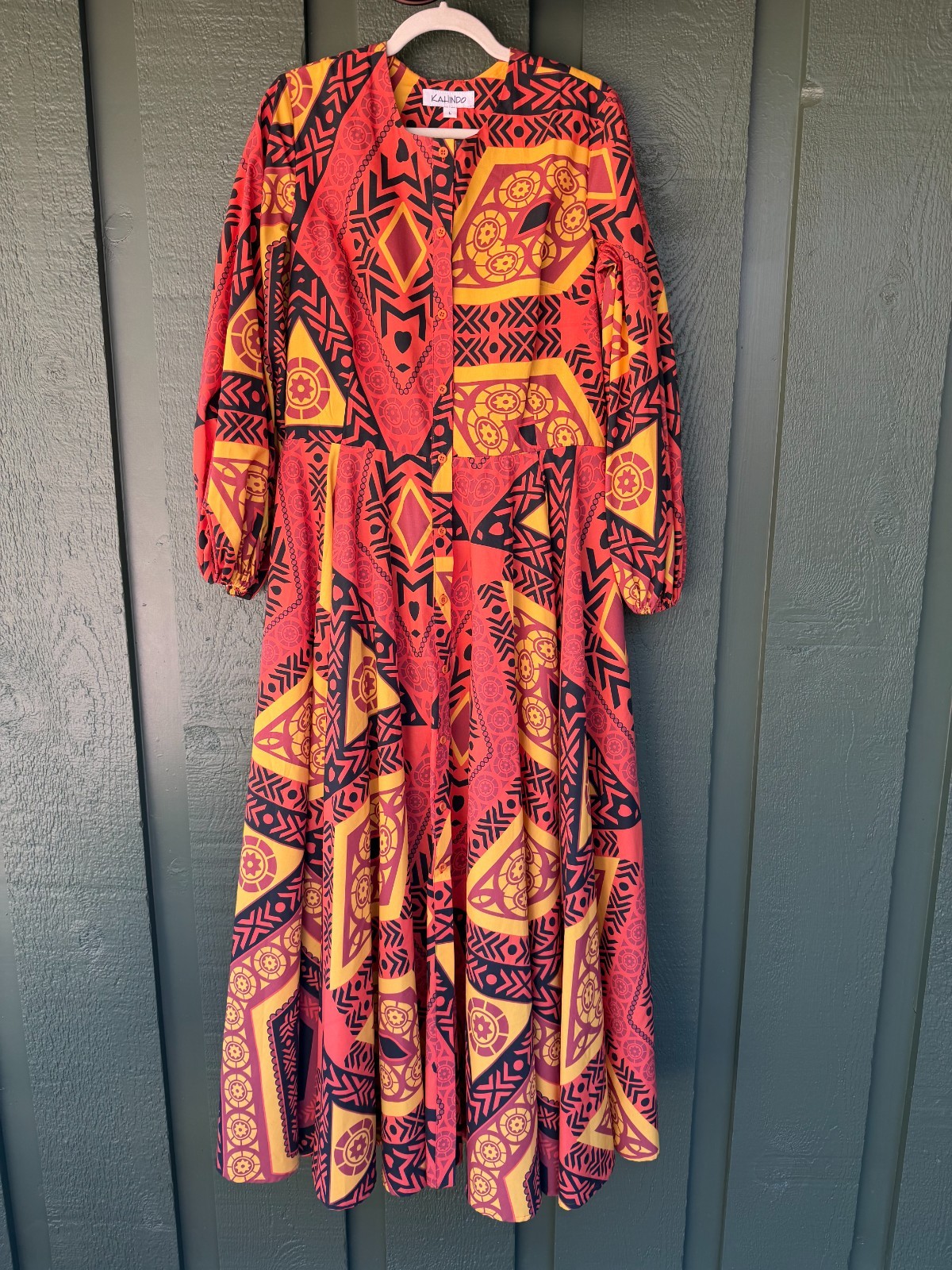 Kalindo NWT Maxi Dress L African Print Boho Button Front Ethical