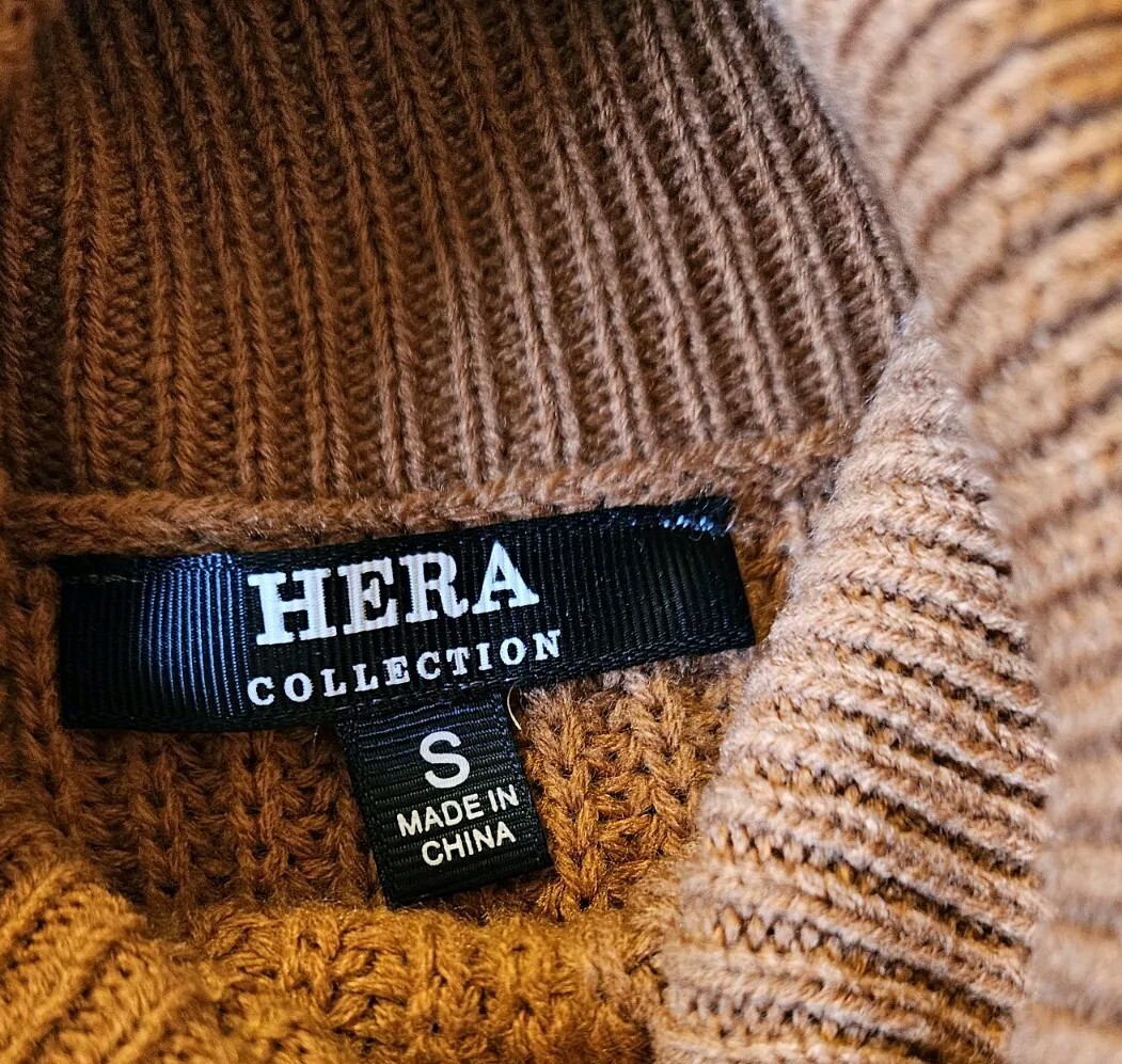 HERA Collection Camel Brown Knit Balloon Turtleneck Sweater Dress Women’s Size S