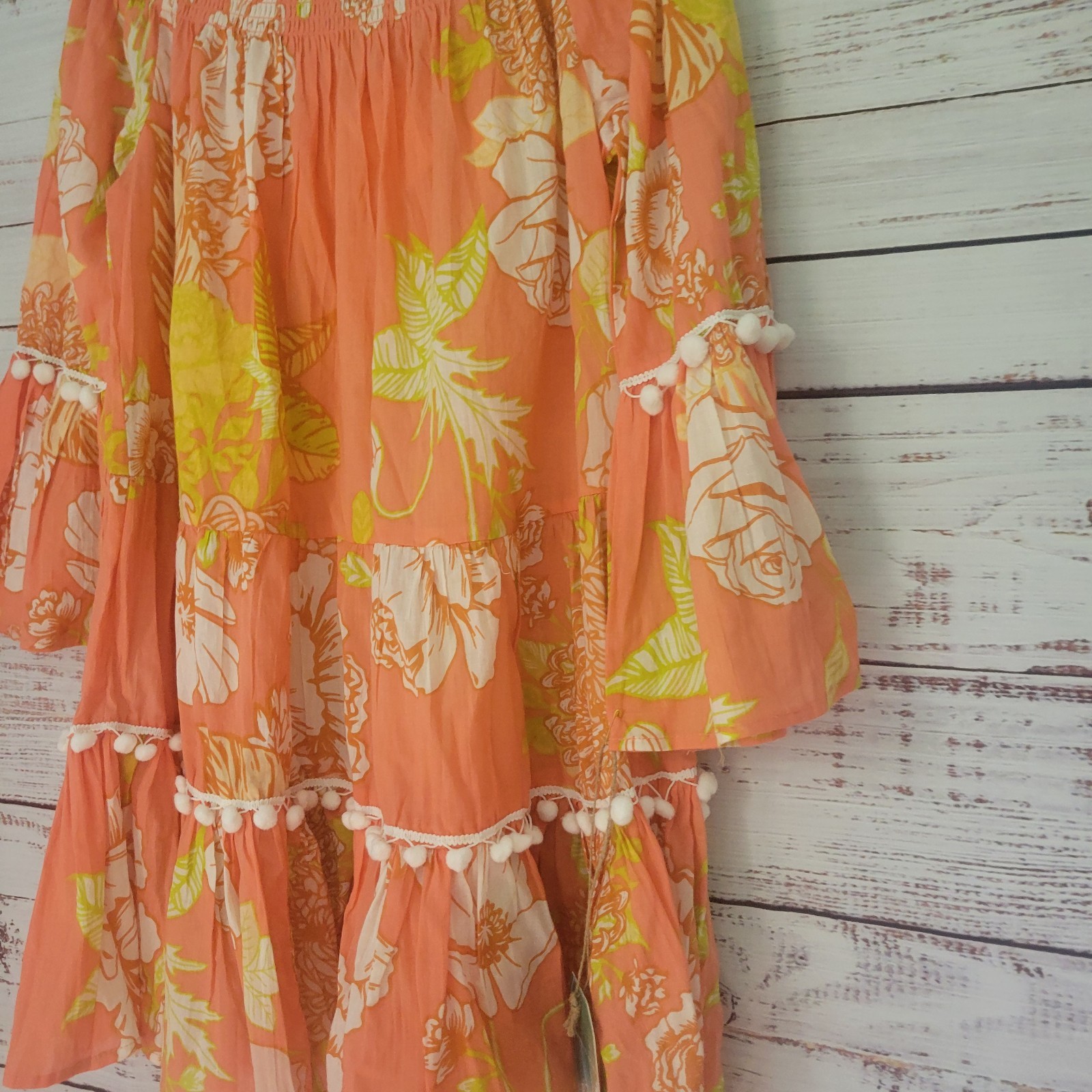 NWT True Destinations Resort Wear Tiered Floral Mini Dress L Boho PomPom