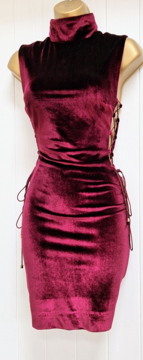 HOUSE OF CB Sukina Mulberry Velvet High Neck Laced Mini Evening Dress S UK 8 10