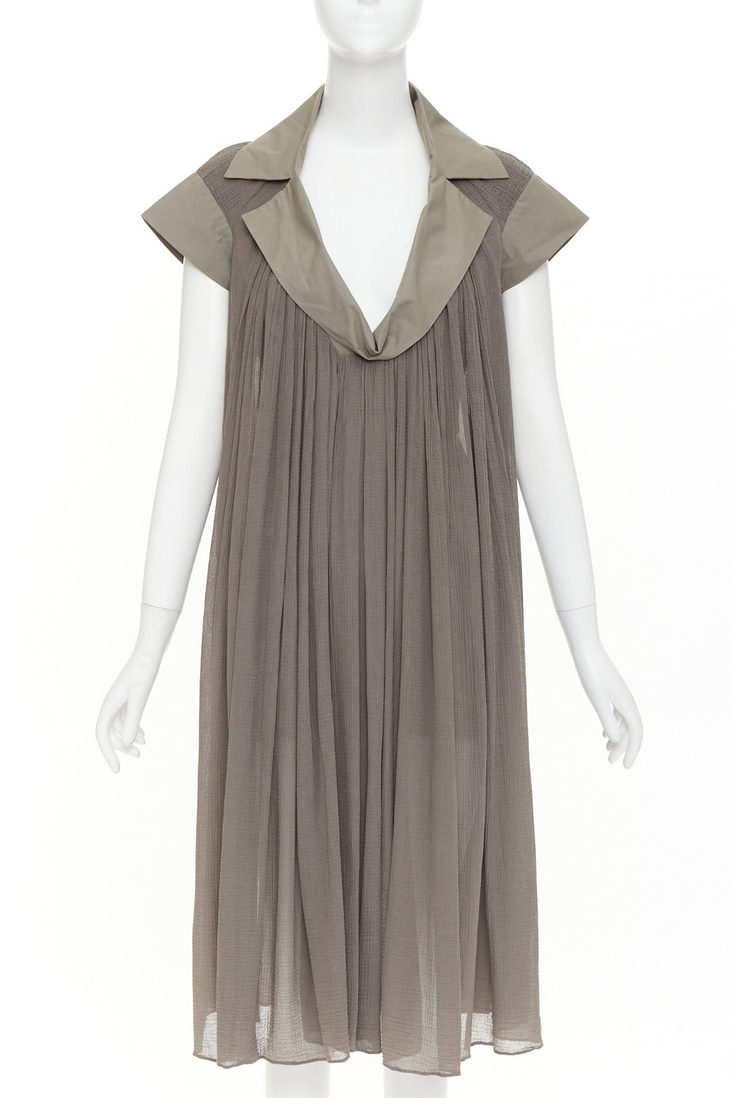 BOTTEGA VENETA grey cotton chiffon pleated plunge spread collar dress IT40 S
