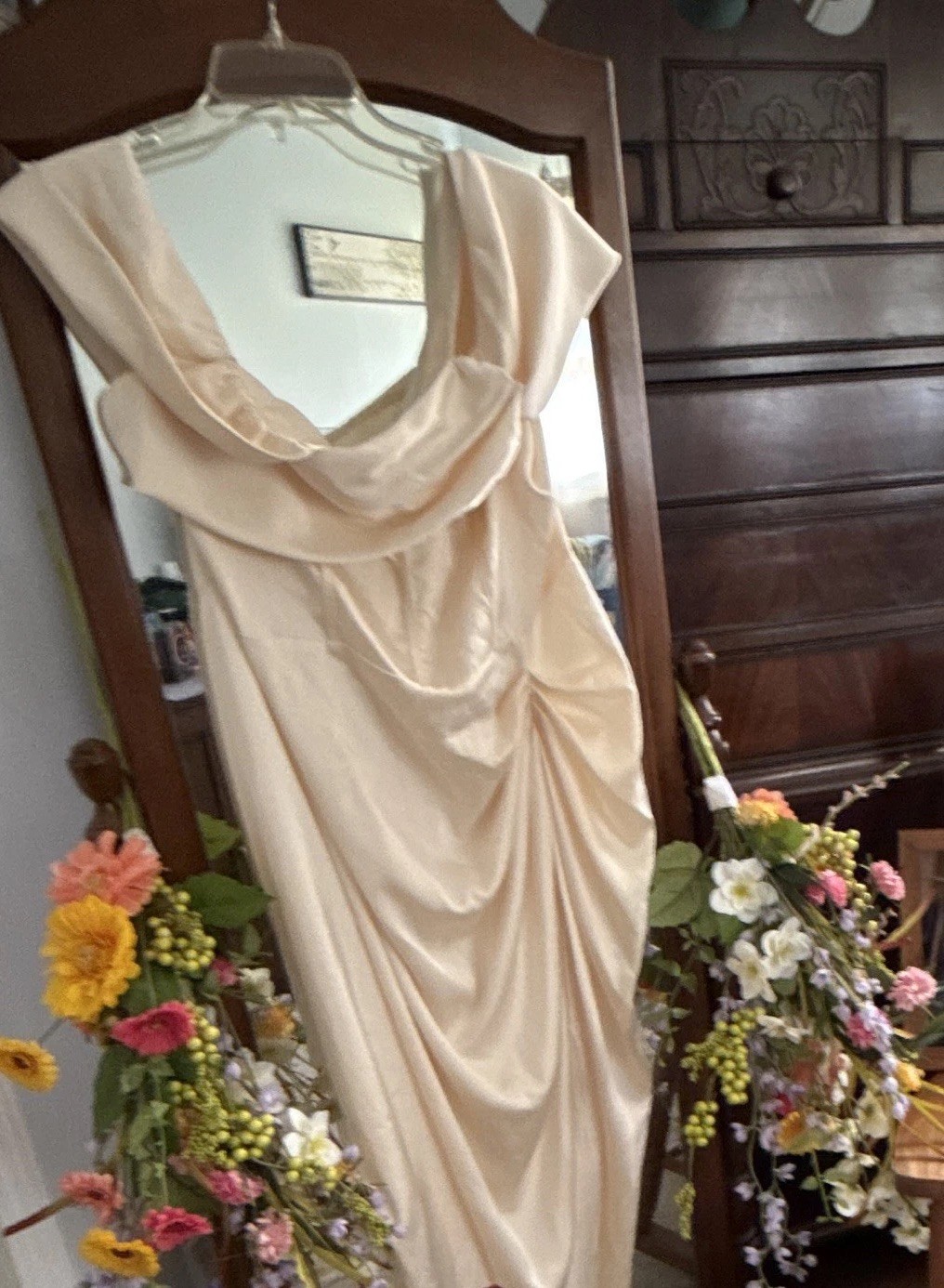 Ivory Satin Cowl Neck Draped Maxi Dress Long Lined Sleeveless Zip Size 3xl