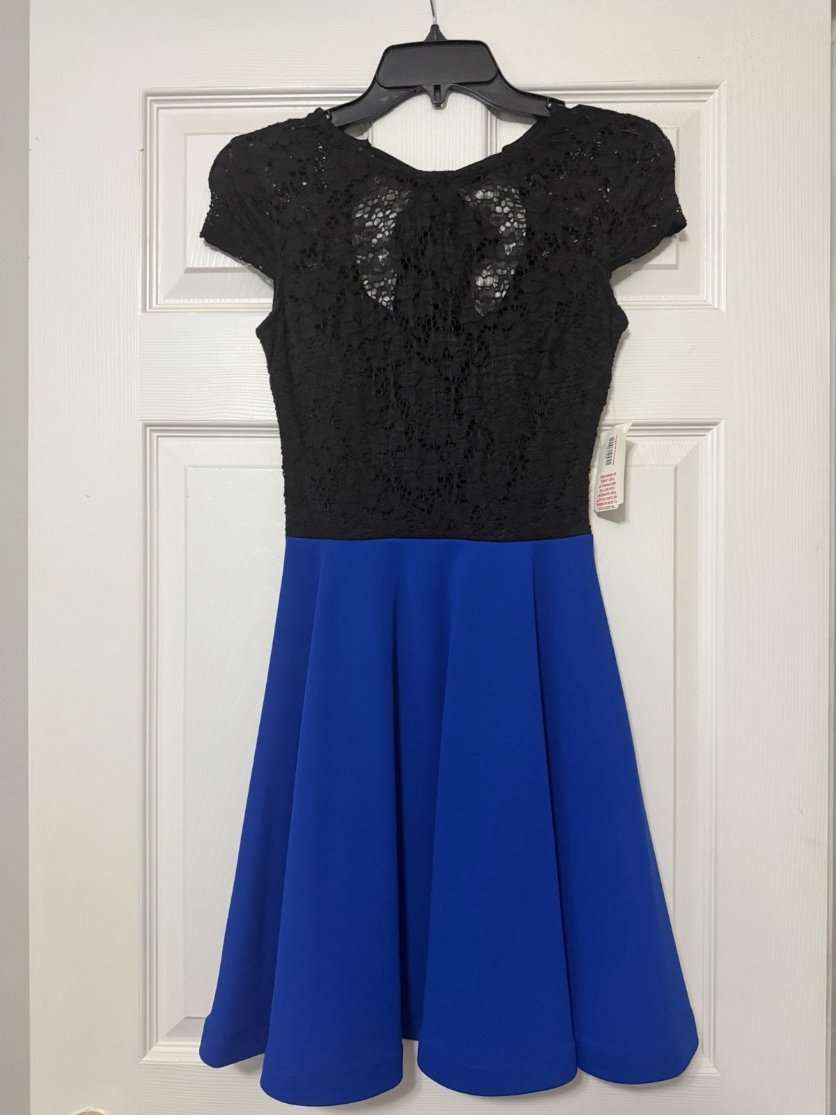 B Darlin Fit & Flare Black Lace Top Royal Blue Skirt Dress 3/4 Juniors NWT