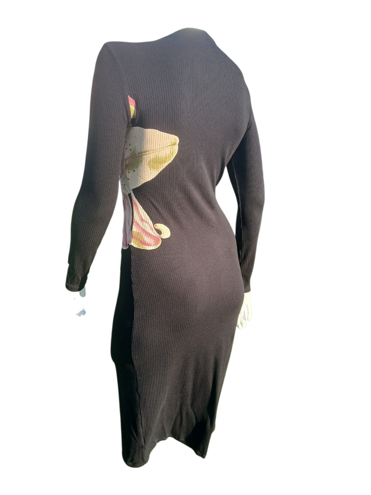 Desigual Black Lily Orchard Rib Midi Dress L Stretch Viscose Long Sleeves