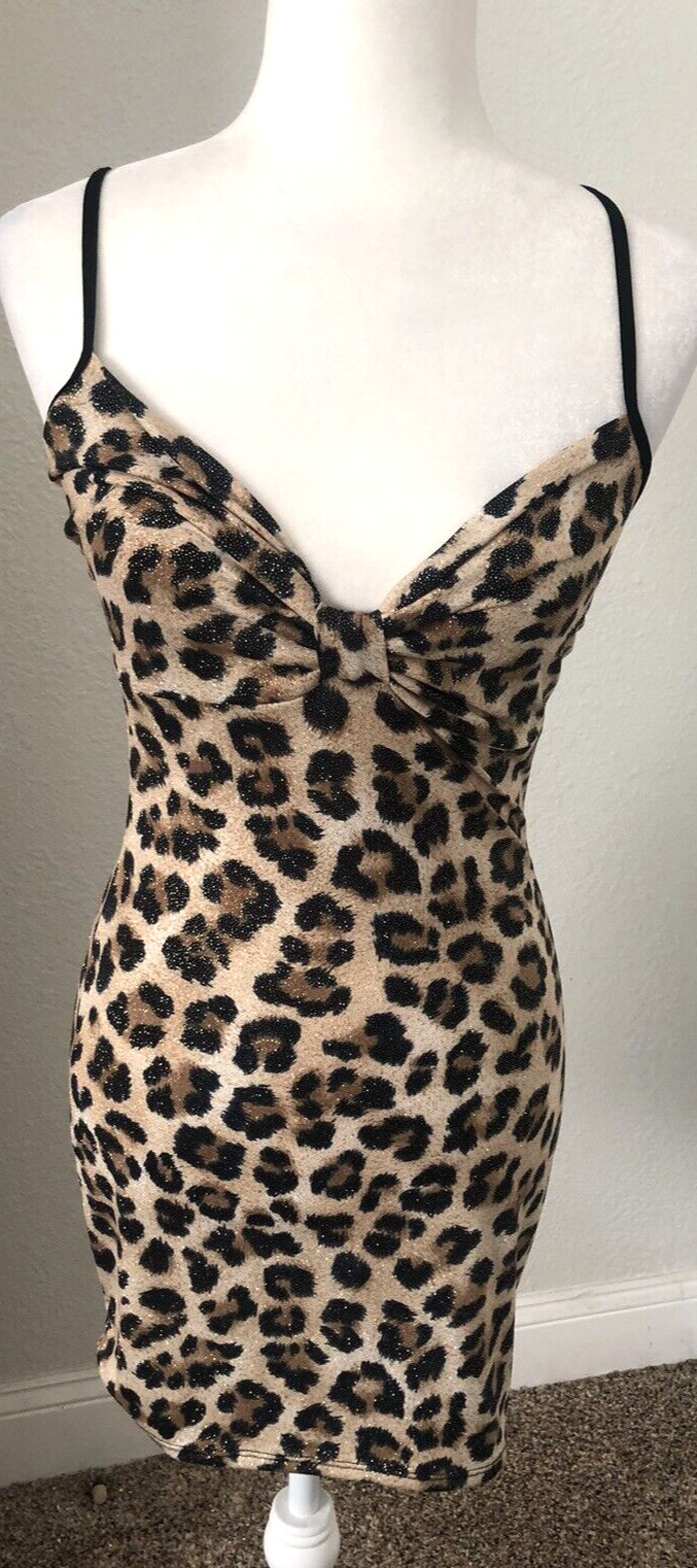 Brown Black Gold Glitter XS/S LEOPARD ANIMAL PRINT Mini SLIP DRESS Bodycon Knit