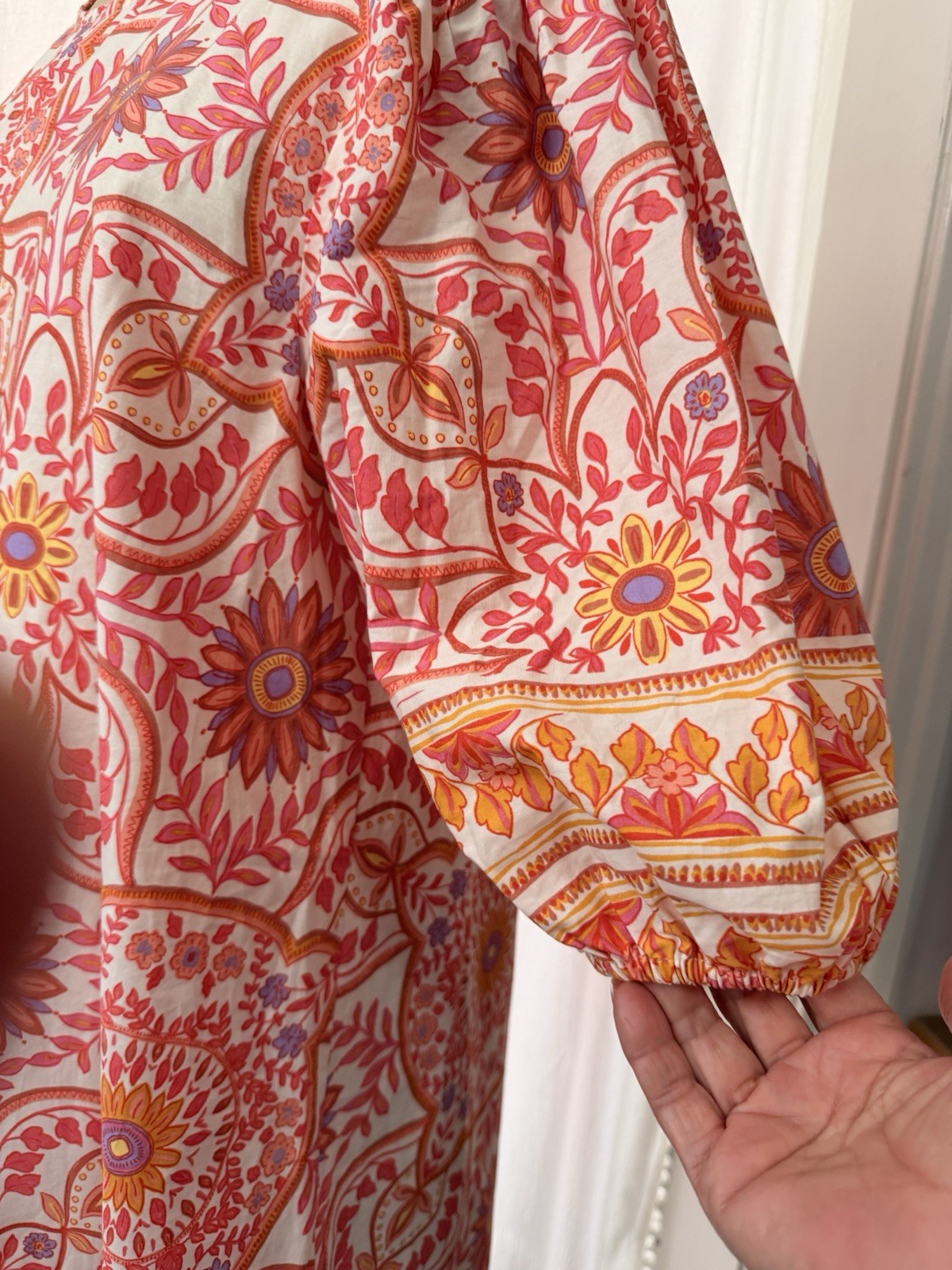 Olivaceous Floral Cotton Woven Shift Dress White Red Orange Purple Puff Sleeve M