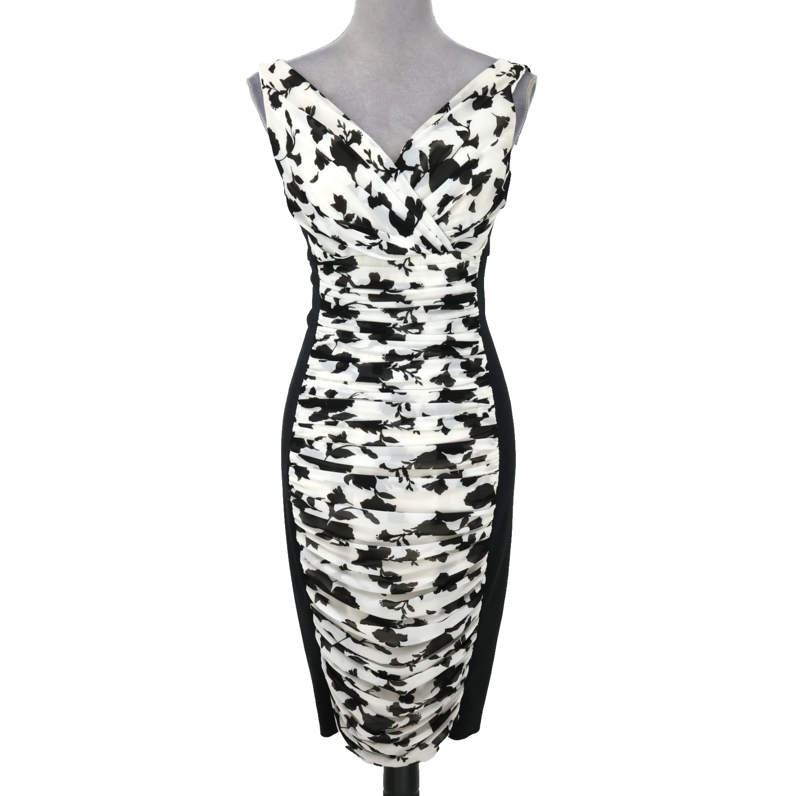 WHBM Dress Womens 6 Black White Floral Ruched Chiffon Zip Lined Slimming Party