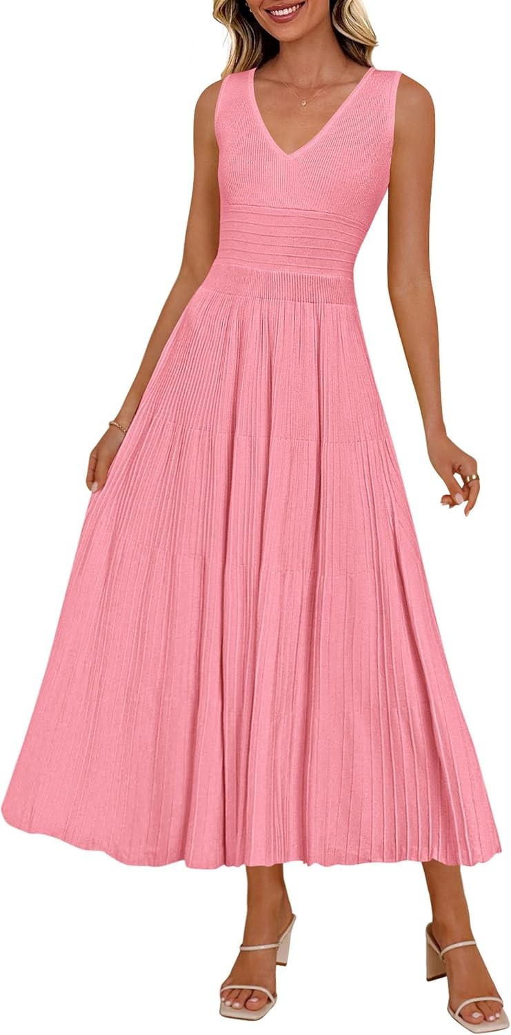 Summer Dresses for Women 2026 Spring Casual Sleeveless V Neck Pleated Midi Work