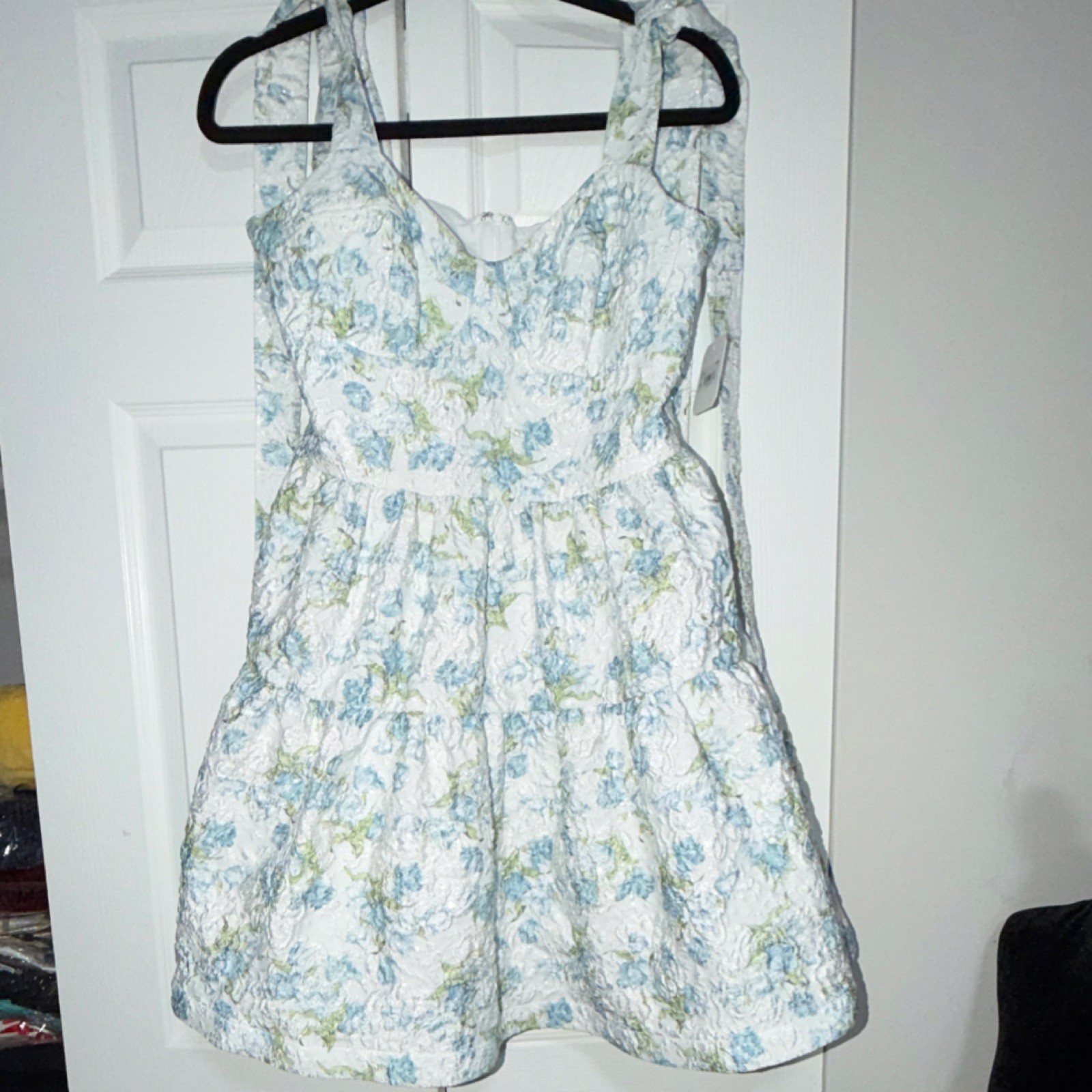 Altar’d State Floral Jacquard Short Dress White Blue Green L Sleeveless Lined