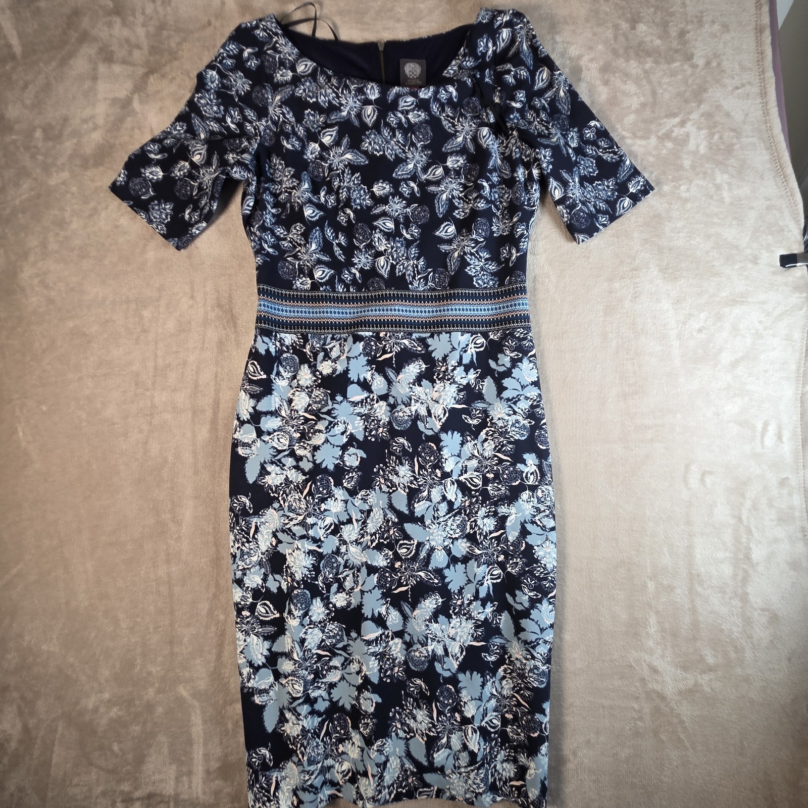 Vince Camuto Womens 10 Navy Blue Floral Sheath Dress Half Sleeve Boatneck Midi