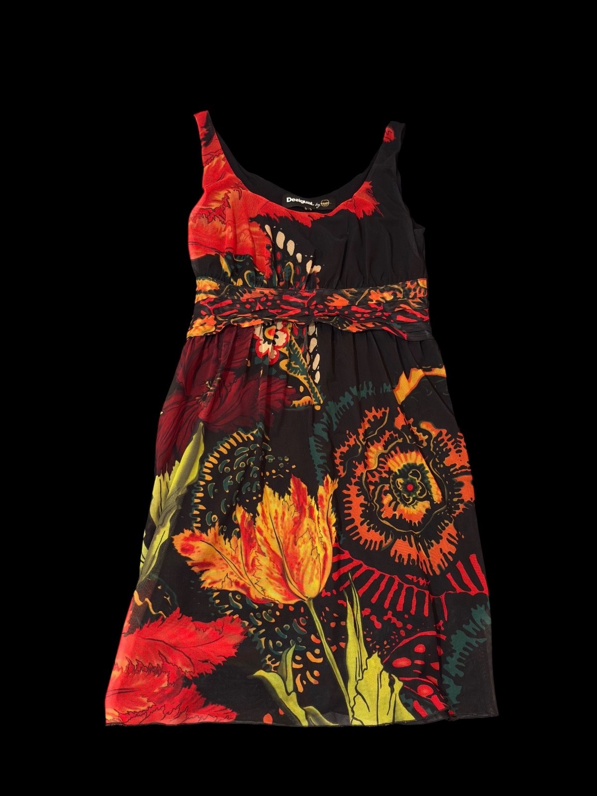 Desigual by Christian Lacroix XL Floral Print Mesh Dress Black Red Boho