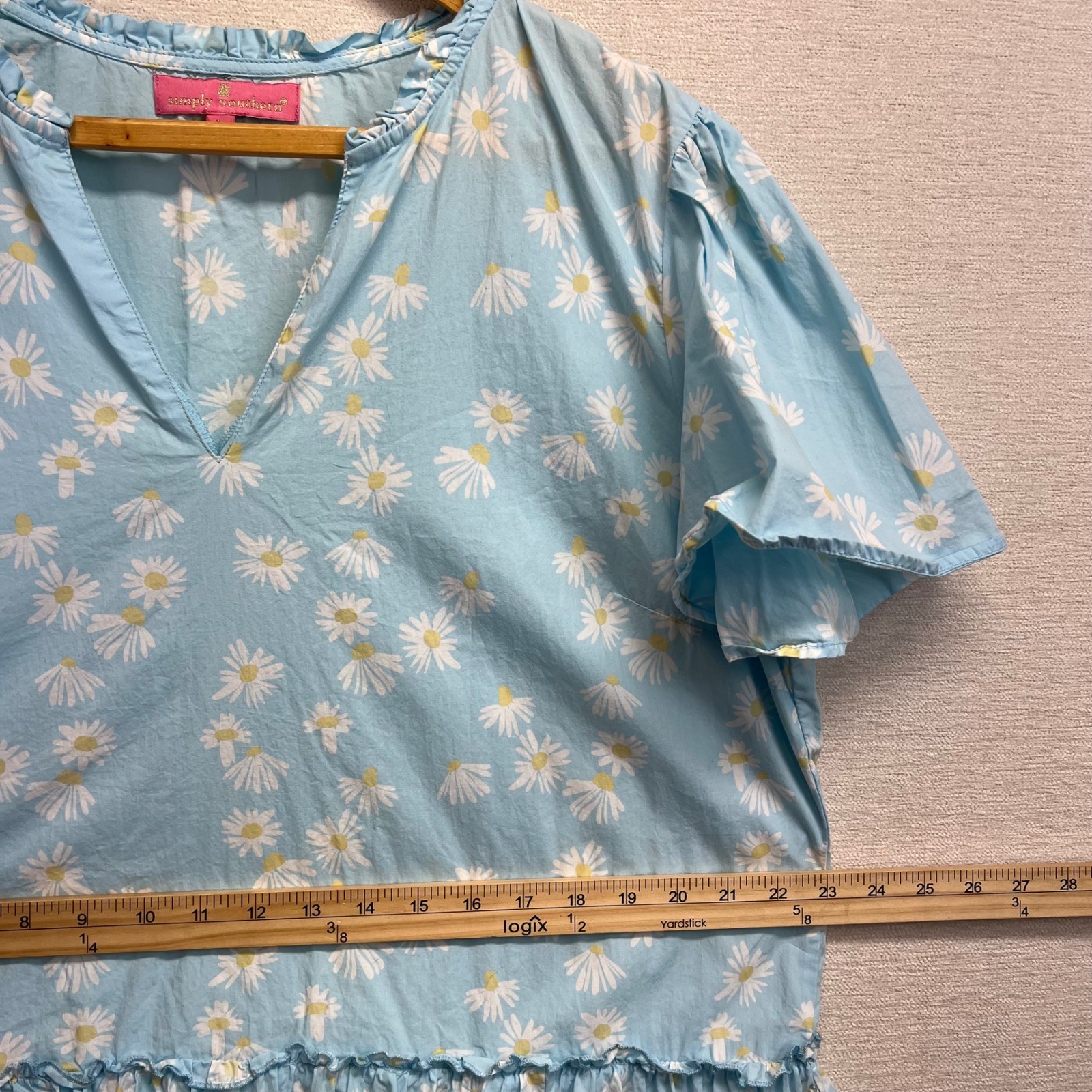 Simply Southern Blue Daisy Print Ruffle Tiered V Neck Dress Size L
