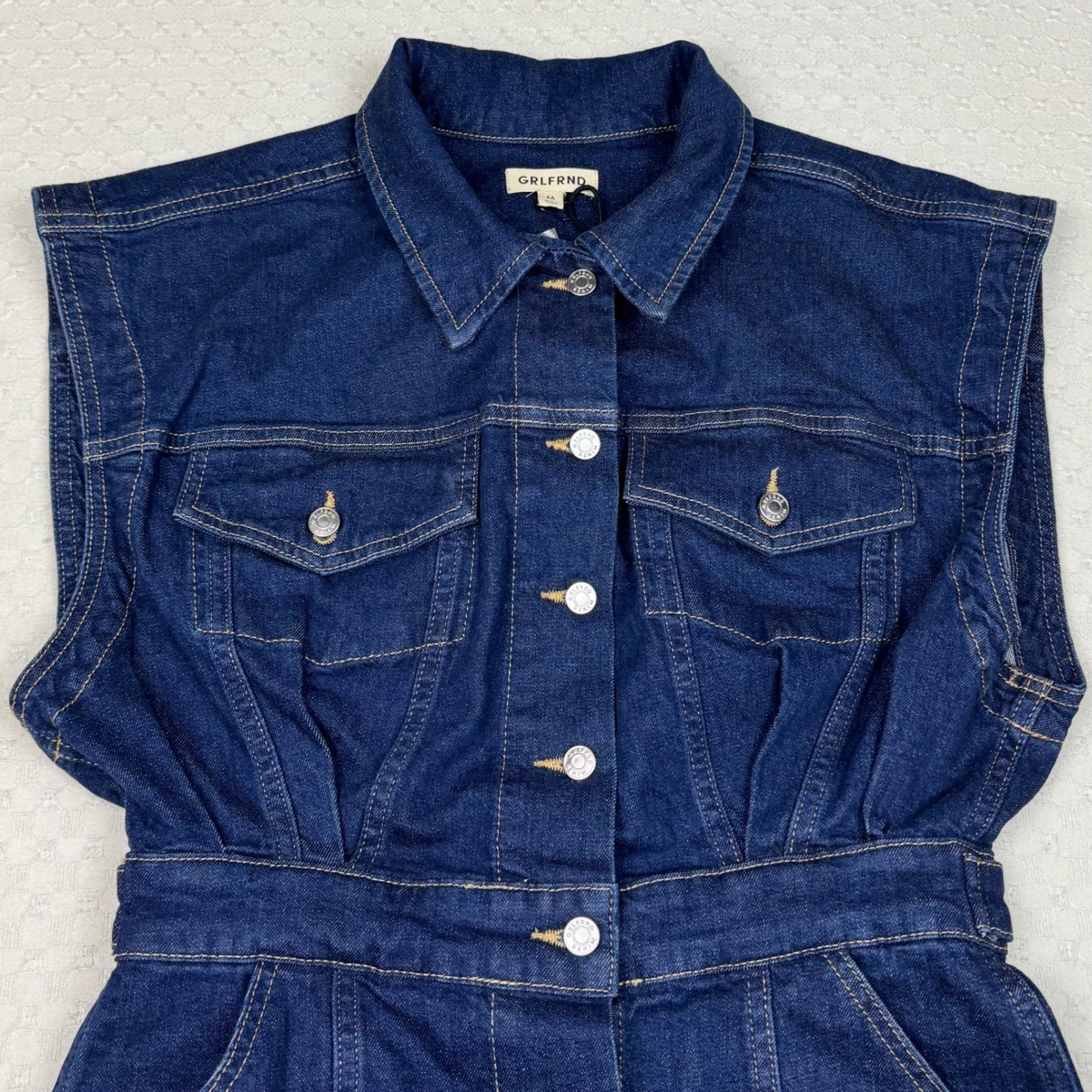 GRLFRND Celeste Denim Vest Dress Button Front Womens Size M Blue Clean Girl Chic