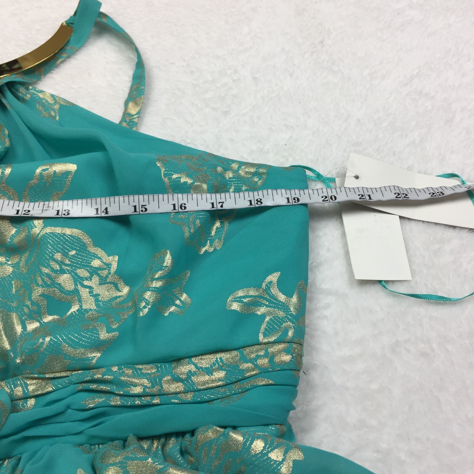 NWT Robbie Bee Evening Cocktail Halter A-Line Dress Sz 14 Woman Blue Gold Floral