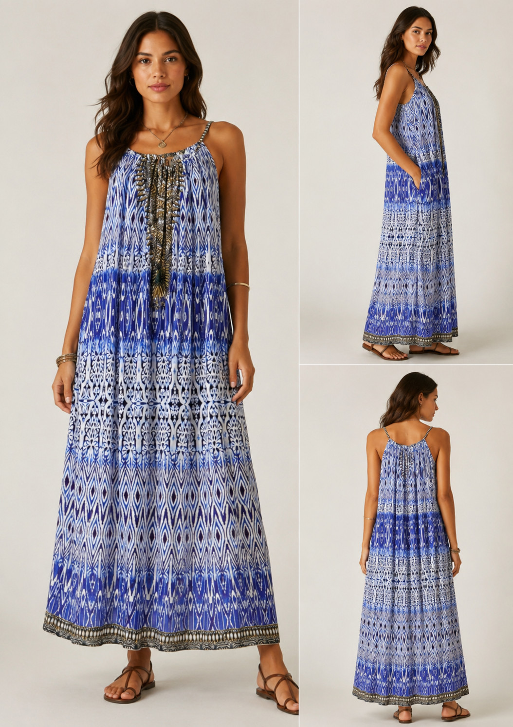 Inoa Women’s Silk Dress One Size Blue Ikat Embellished Resort Boho