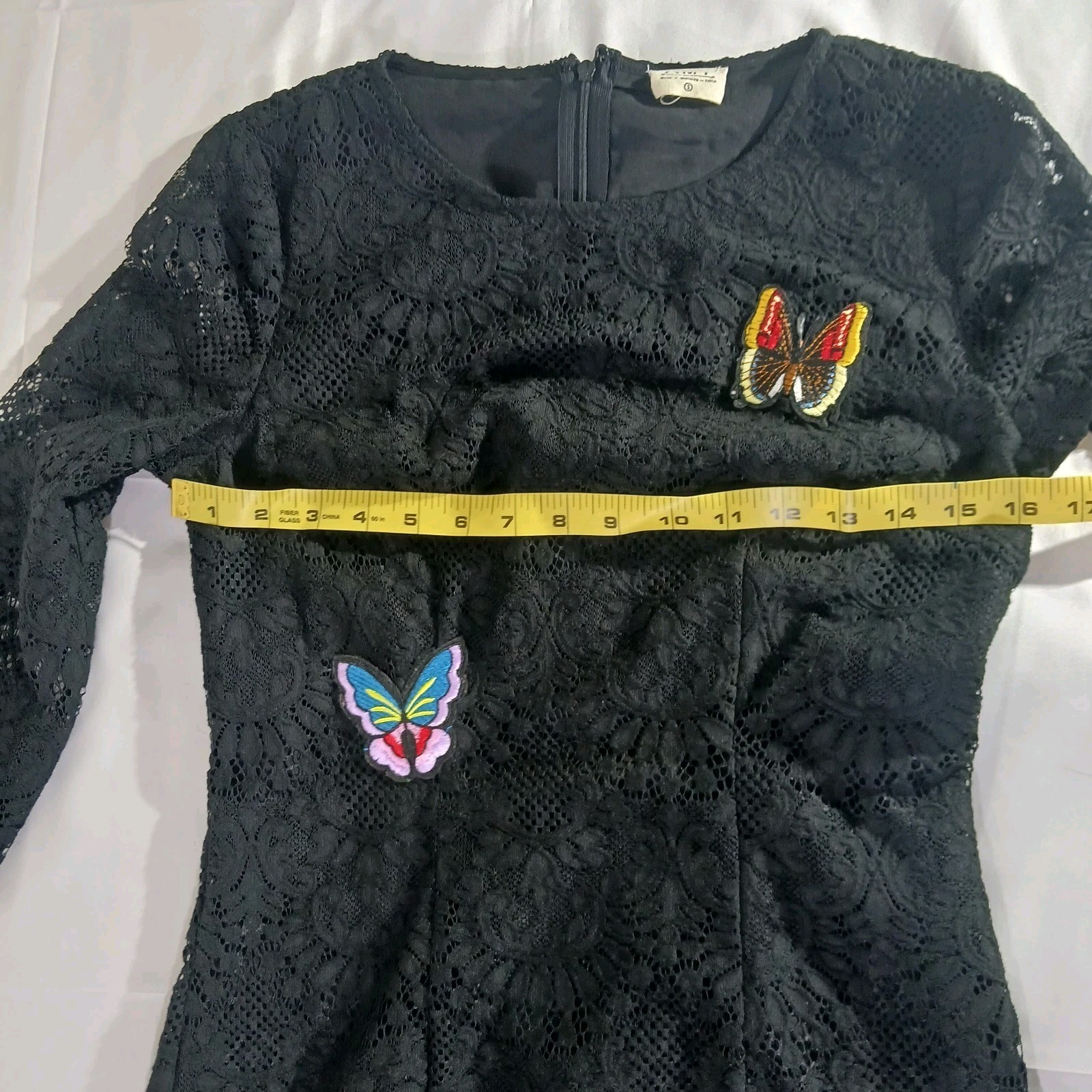 AMT Black Lace Butterfly Embroidered Shift Dress Women’s Size S 3/4 Sleeve Boho
