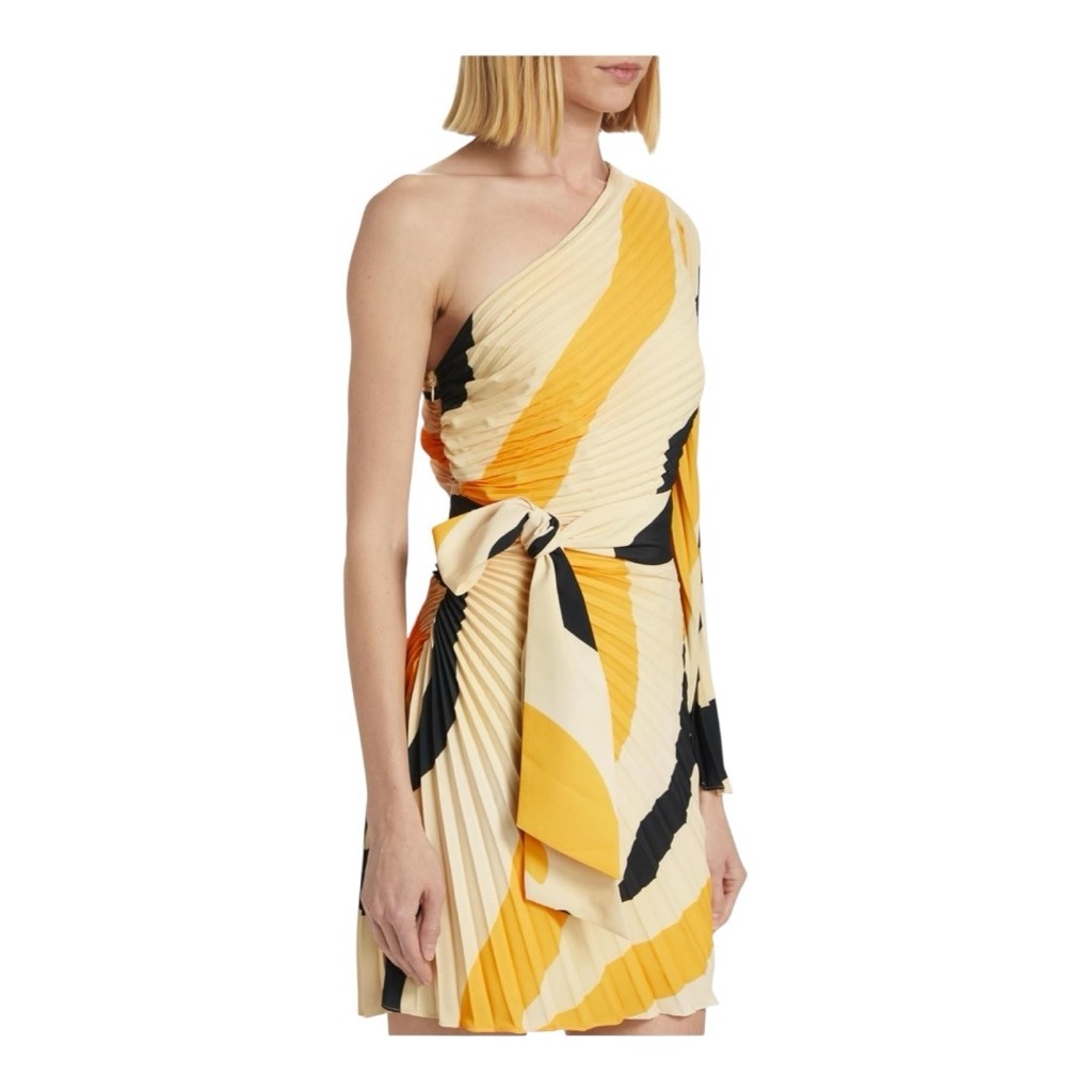 Milly One Shoulder Linden Zebra Pleated Mini Dress Size 8 Beige Yellow Black