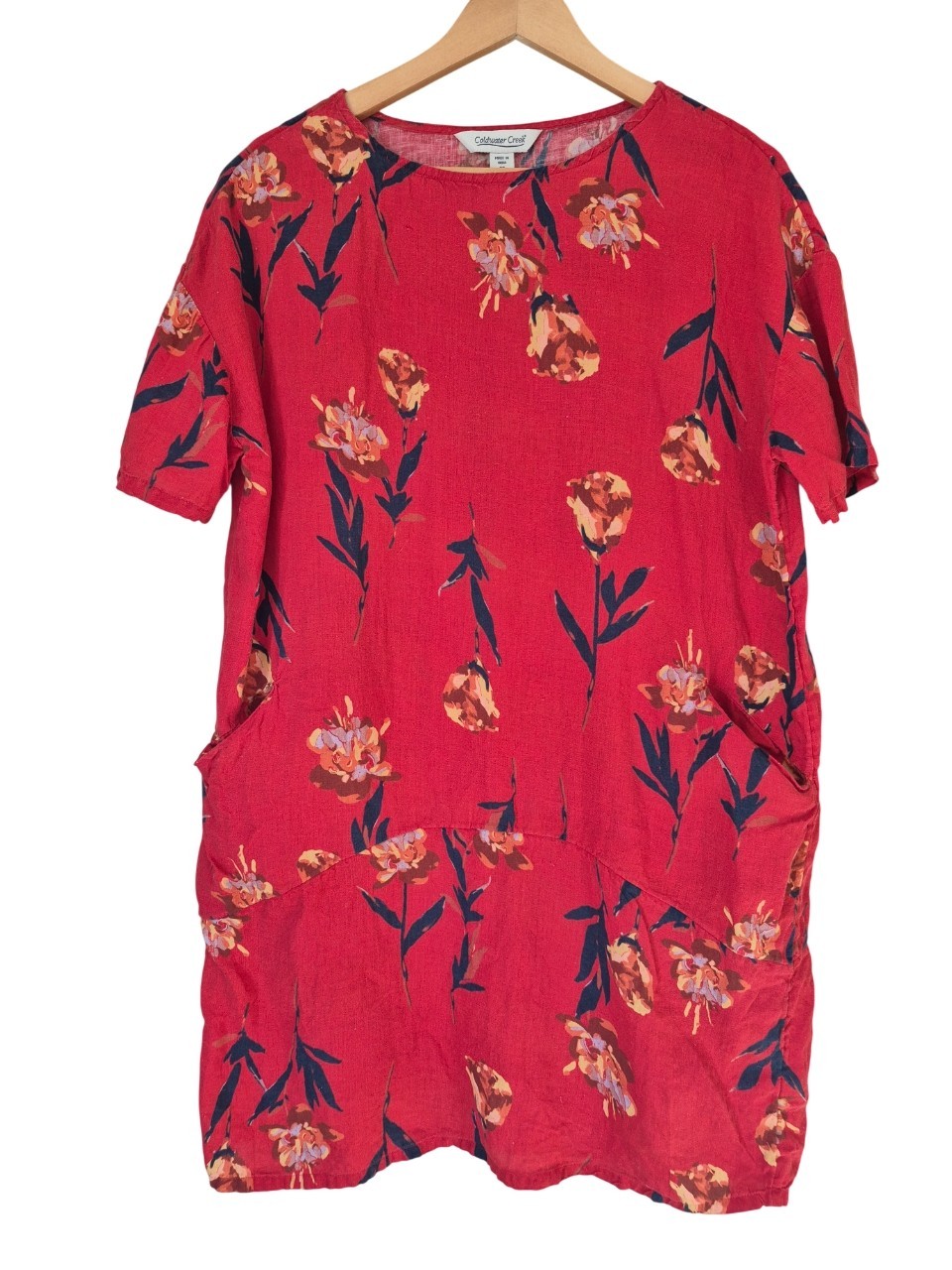 Coldwater Creek Women 100% Linen Red Floral knee length Dress Petite Small