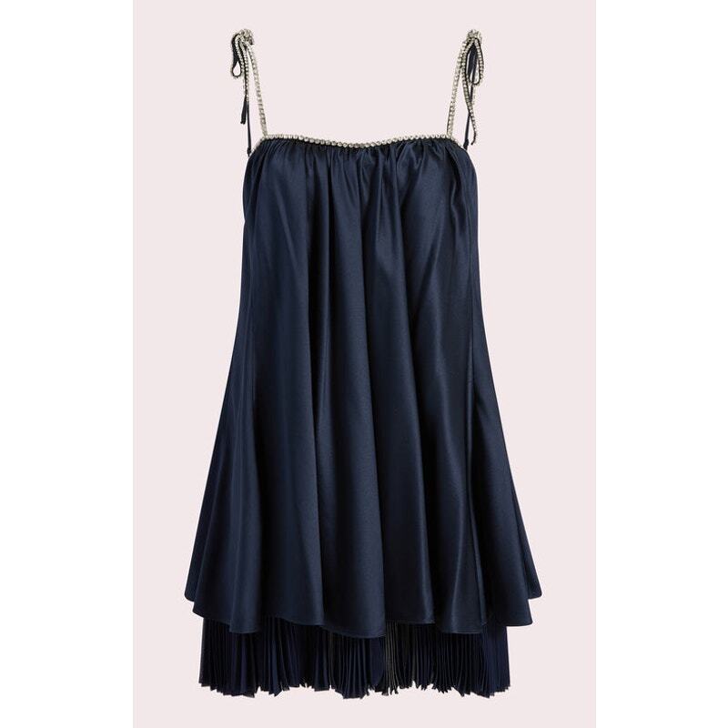 CINQ A SEPT Rhinestones Pleated Hook And Eye Silk Muni Dress Navy Size 8 NWOT