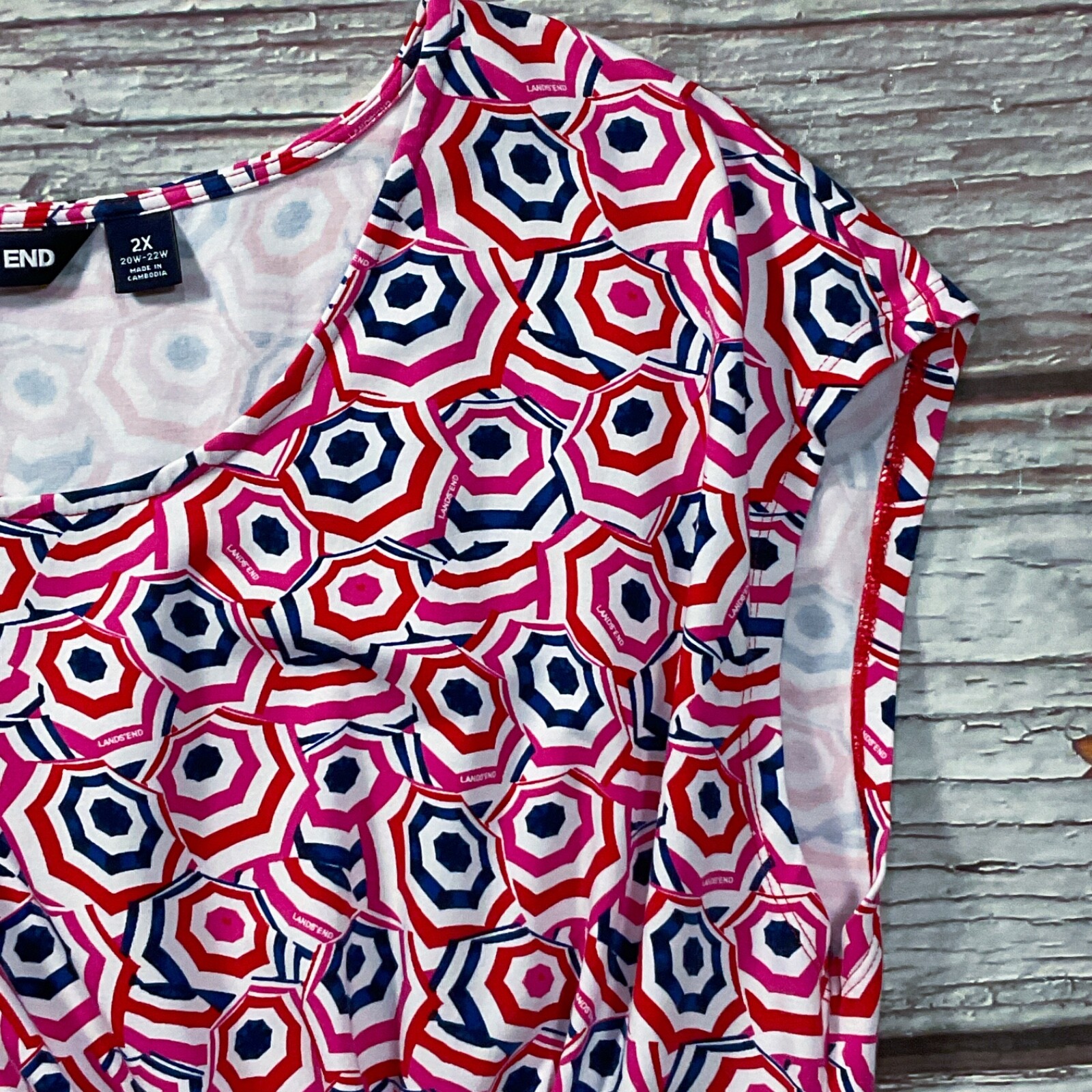 Lands End Womens Dress size 2X Red Blue Multi A-Line Cotton Stretch Sleeveless