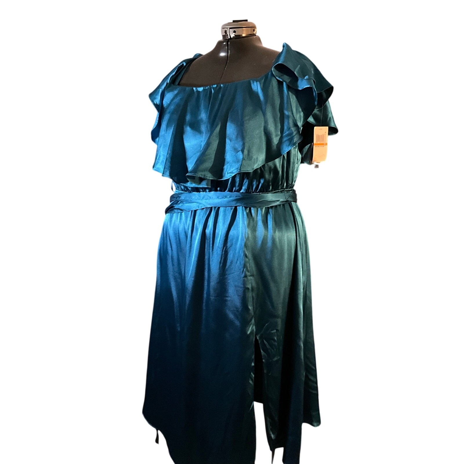 Dark Teal Satin Off Shoulder Ruffle Formal Midi Dress Wedding Guest NWT Plus 3X