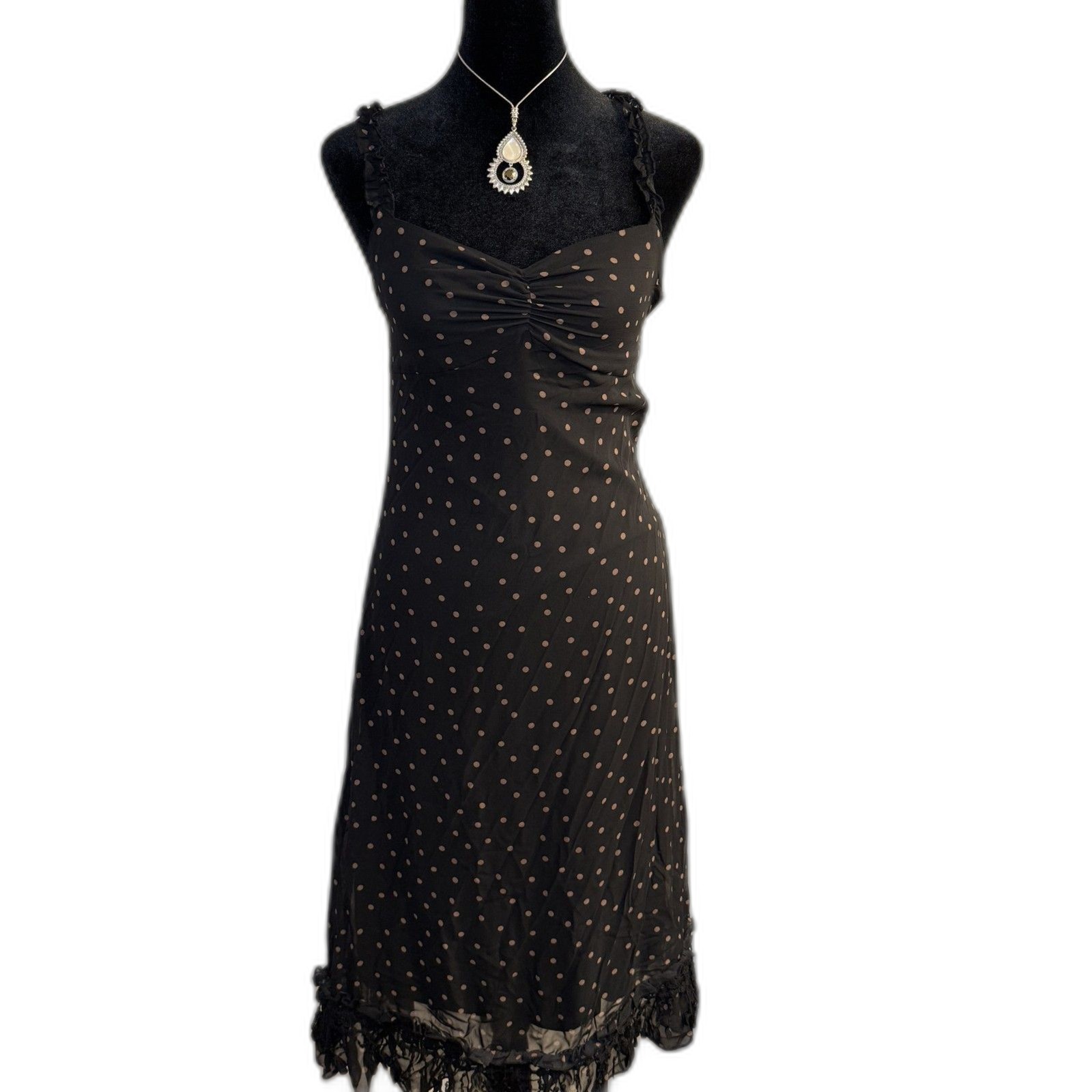 Urban Outfitters Nadia Polka Dot Slip Midi Dress — Ruffle Trim