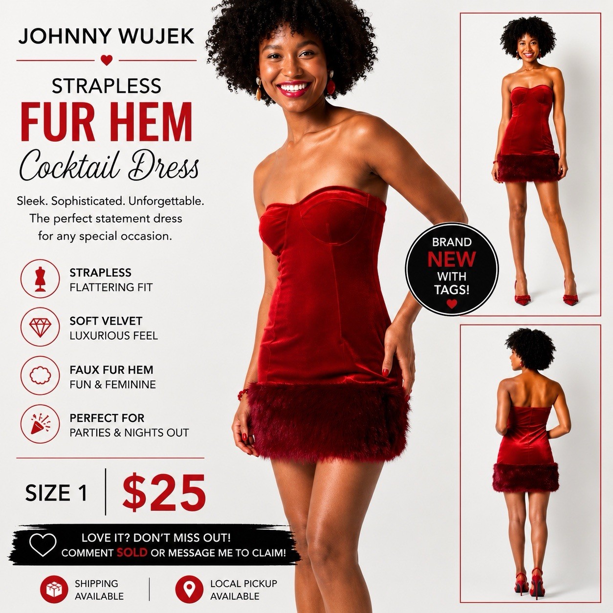 Johnny Wujek Red Velvet Strapless Sweetheart Faux Fur Hem Mini Dress Size 1