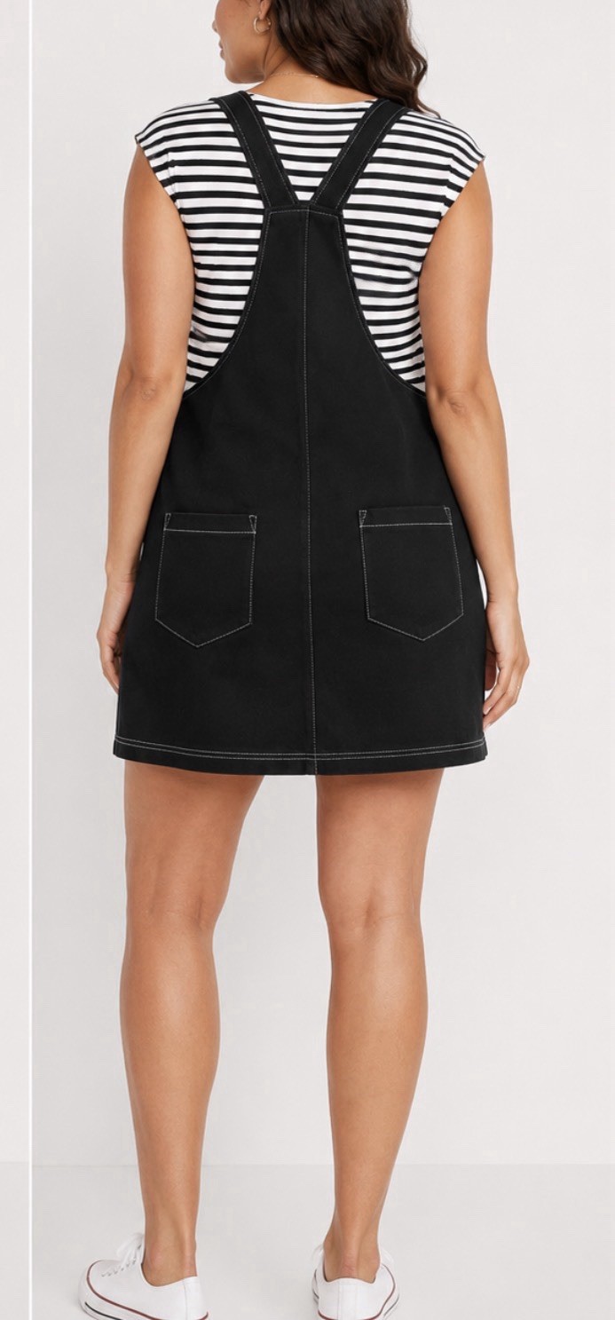 A.U.W Black Solid Overall Mini Dress Women’s L Sleeveless With Pockets