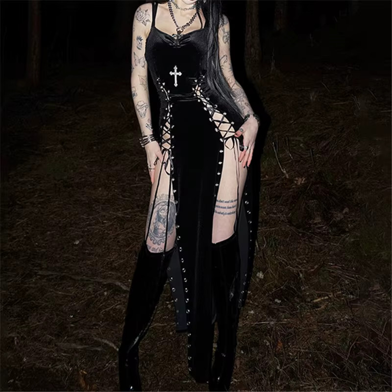 Goth Dark Punk Velvet Dress High Split Hem 90s Grunge Mall Gothic Sexy Strap Gow