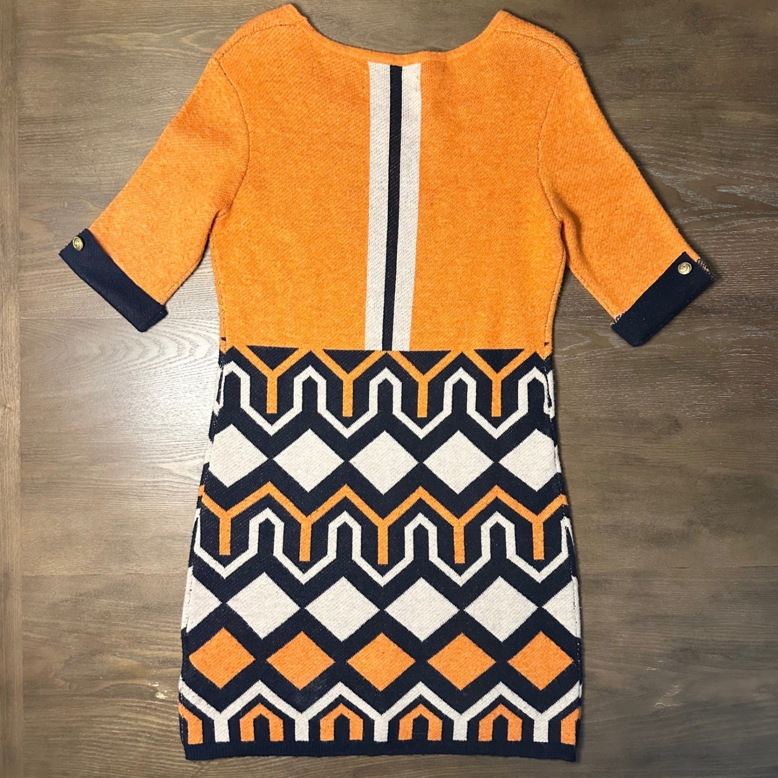 Sweet Sinammon Orange Geometric Knit Dress 3/4 Sleeve Button Cuff Vintage Retro