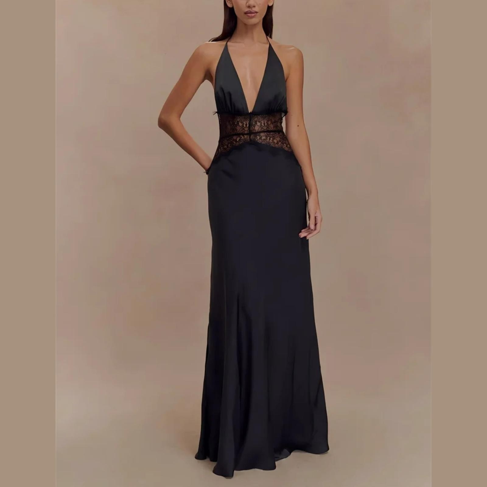 Saide – Halter Gown with Lace Accents In White, Black & Pink Sizes S M L
