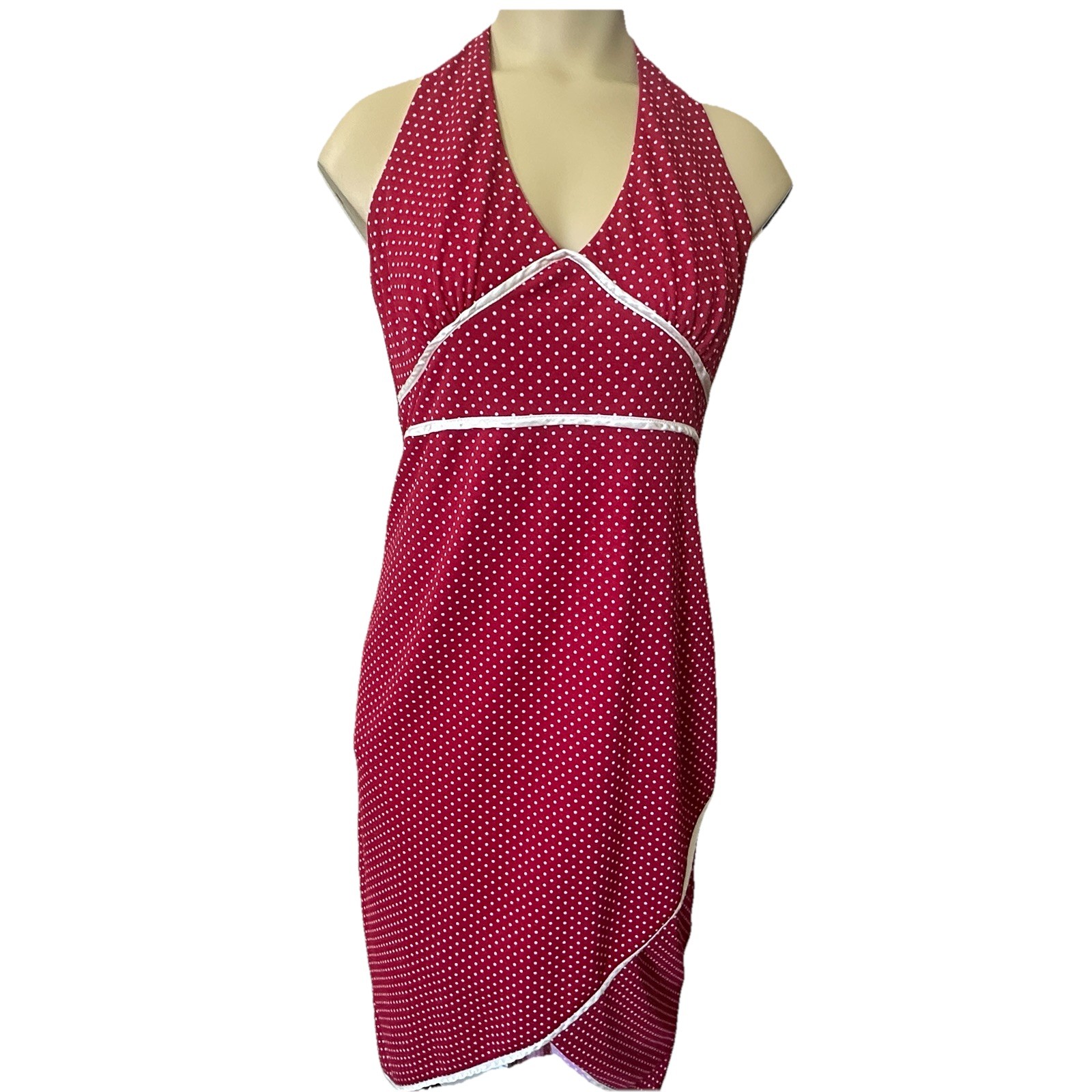 VTG City Triangles Red Polka Dot Halter Dress 30×50 Inch Neck High Low Y2K USA